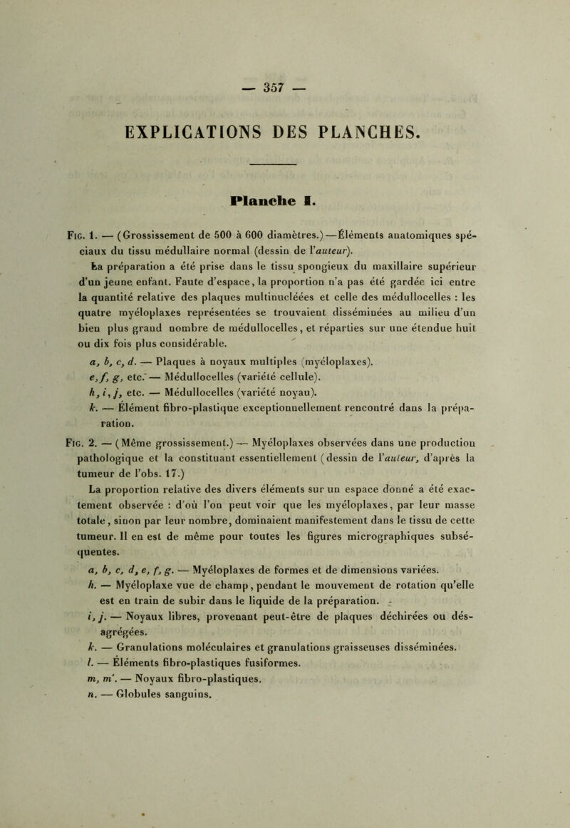 EXPLICATIONS DES PLANCHES. Planche 1. Fie. 1. — (Grossissement de 500 à 600 diamètres.)—Éléments anatomiques spé- ciaux du tissu médullaire normal (dessin de Vauteur). fea préparation a été prise dans le tissu spongieux du maxillaire supérieur d’un jeune enfant. Faute d’espace, la proportion n’a pas été gardée ici entre la quantité relative des plaques multinucléées et celle des médullocelles : les quatre myéloplaxes représentées se trouvaient disséminées au milieu d’un bien plus grand nombre de médullocelles, et réparties sur une étendue huit ou dix fois plus considérable. a, b, c, et. — Plaques à noyaux multiples (myéloplaxes). Cj/, g, etc.’— Médullocelles (variété cellule). h, il]y etc. — Médullocelles (variété noyau). k. — Élément fibro-plastique exceptionnellement rencontré dans la prépa- ration. Fig. 2, — (Même grossissement.) — Myéloplaxes observées dans une production pathologique et la constituant essentiellement (dessin de Vauteur, d’après la tumeur de l’obs. 17.) La proportion relative des divers éléments sur un espace donné a été exac- tement observée : d’où l’on peut voir que les myéloplaxes, par leur masse totale , sinon par leur nombre, dominaient manifestement dans le tissu de cette tumeur. 11 en est de même pour toutes les figures micrographiques subsé- (|uentes. a, b, c, d, e, f, g. — Myéloplaxes de formes et de dimensions variées. h. — Myéloplaxe vue de champ, pendant le mouvement de rotation qu’elle est en train de subir dans le liquide de la préparation. - iyj. — Noyaux libres, provenant peut-être de plaques déchirées ou dés- agrégées, k. — Granulations moléculaires et granulations graisseuses disséminées. /. — Éléments fibro-plastiques fusiformes. m, m‘. — Noyaux fibro-plastiques. n. — Globules sanguins.