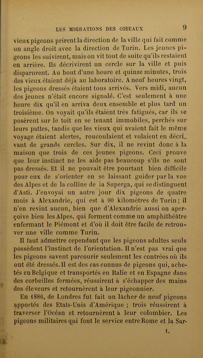 vieuxpigeons prirent la direction de la ville qui fait comune un angle droit avec la direction de Turin. Les jeunes pi- geons les suivirent,maison vit tout de suitequ’ilsrestaient en arrière. Ils décrivirent un cercle sur la ville et puis disparurent. Au bout d’une heure et quinze minutes, trois des vieux étaient déjà au laboratoire. Aneuf heures vingt, les pigeons dressés étaient tous arrivés. Vers midi, aucun des jeunes n’était encore signalé. C’est seulement à une heure dix qu’il en arriva deux ensemble et plus tard un troisième. On voyait qu’ils étaient très fatigués, car ils se posèrent sur le toit en se tenant immobiles, perchés sur leurs pattes, tandis queles vieux qui avaient fait le mème Yoyage étaient alertes, roucoulaient et volaient en décri_ vant de grands cercles. Sur dix, il ne revint donc à la maison que trois de ces jeunes pigeons. Ceci prouve que leur instinct ne les aide pas beaucoup s’ils ne sont pas dressés. Et il ne pouvait ètre pourtant bien difficile pour eux de s’orienter en se laissant guider par la vue des Alpes et de la colline de ia Superga, qui sedistinguent d’Asti. J’envoyai un autre jour dix pigeons de quatre mois à Alexandrie, qui est à 90 kilomètres de Turin ; il n’en revint aucun, bien que d’Alexandrie aussi on aper- ^oive bien les Alpes, qui forment comme un amphithéàtre enfermant le Piémont et d’où il doit ètre facile de retrou- ver une ville comme Turin. Il faut admettre cependant que les pigeons adultes seuls possèdent l’instinct de l’orientation. Il n’est pas vrai que les pigeons savent parcourir seulement les contrées où ils ont été dressés. 11 est des cas connus de pigeons qui, ache- tés enBelgique et transportés en Italie et en Espagne dans des corbeilles fermées, réussirent à s’échapper des mains des éleveurs et retournèrent à leur pigeonnier. En 1886, de Londres fut fait un làcher de neuf pigeons apportés des Etats-Unis d’Amérique ; trois réussirent à traverser l’Océan et retournèrent à leur colombier. Les pigeons militaires qui font le Service entreRome et la Sar- l.