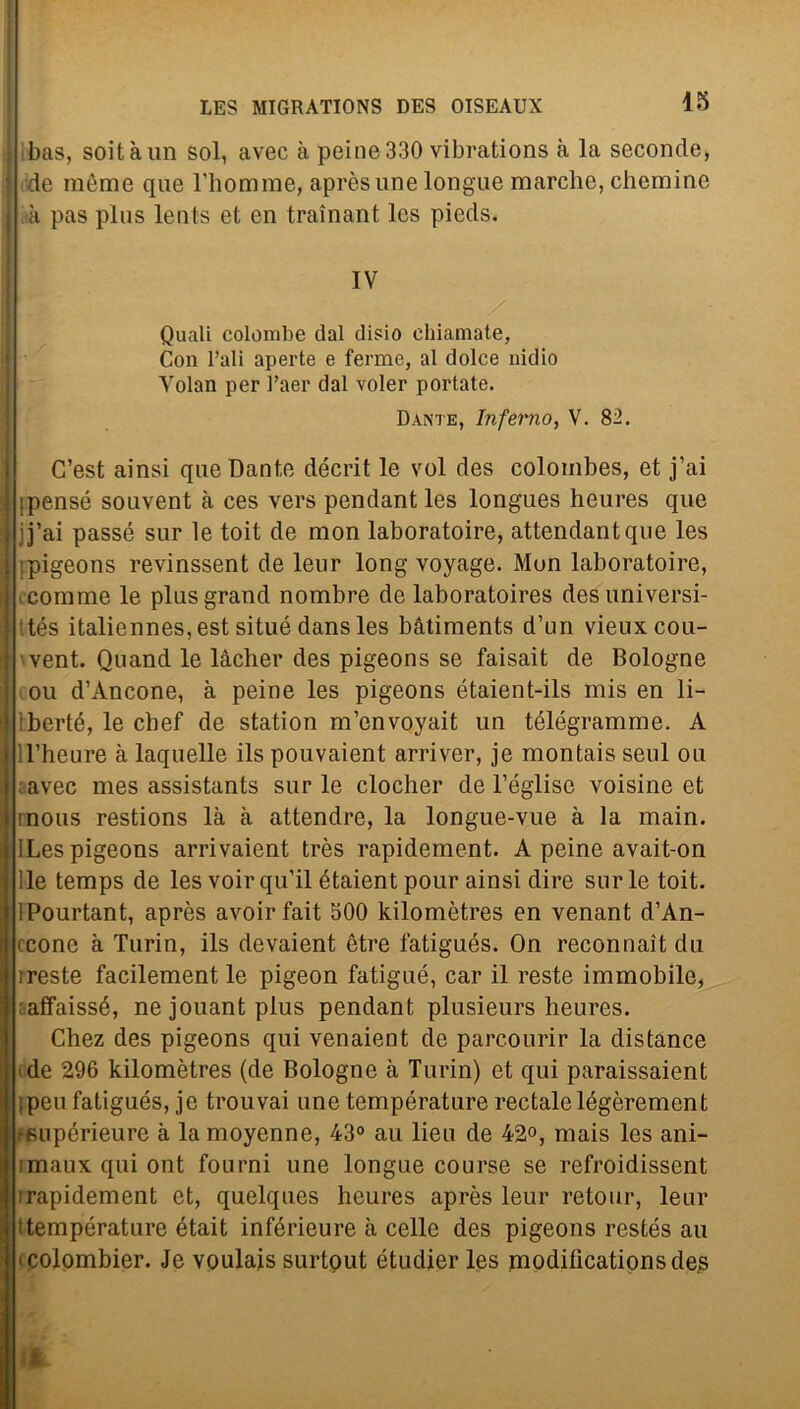 i bas, soitàun sol, avec à peine330 vibrations à la seconde, ! de raème que l’homme, aprèsune longue marche, chemine | à pas plus lents et en trainant Ics pieds. IV Quali colombe dal disio chiamate, Con Pali aperte e ferme, al dolce nidio Volan per l’aer dal voler portate. Dante, Inferno, V. 82. C’est ainsi que Dante décrit le voi des colombes, et j’ai ipensé souvent à ces vers pendant les longues heures que ij’ai passé sur le toit de mon laboratoire, attendantque les i :pigeons revinssent de leur long voyage. Mun laboratoire, .corame le plus grand nombre de laboratoires desuniversi- tés italiennes, est situò dans les bàtiments d’uri vieuxcou- vent. Quand le làcher des pigeons se faisait de Bologne ou d’Ancone, à peine les pigeons étaient-ils mis en li- ìberté, le chef de station m’envoyait un télégramme. A Theure à laquelle ils pouvaient arri ver, je montais seni ou avec mes assistants sur le clocher de l’église voisine et mous restions là à attendre, la longue-vue à la main. ILes pigeons arrivaient très rapidement. A peine avait-on Ile temps de les voirqu’il étaient pour ainsi dire sur le toit. IPourtant, après avoirfait 500 kilomètres en venant d’An- rcone à Turin, ils devaient ótre fatigués. On reconnaìt du ireste facilement le pigeon fatigué, car il reste immobile, :affaissé, nejouantplus pendant plusieurs heures. Chez des pigeons qui venaient de parc.ourir la distance de 296 kilomètres (de Bologne à Turin) et qui paraissaient ìpeu fatigués, je trouvai une température rectalelégèrement .‘supérieure à la moyenne, 43° au lieu de 42°, mais les ani- imaux qui ont fourni une longue course se refroidissent irapidement et, quelques heures après leur retour, leur ttempérature était inférieure à celle des pigeons restés au icolombier. Je voulais surtout étudier les modifìcationsde.s a