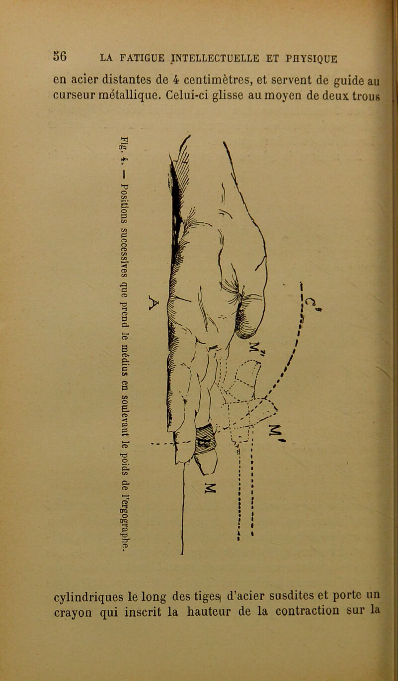 en acier distantes de 4 centimètres, et servent de guide au curseur rnétallique. Celui-ci glisse au moyen de deux trous cylindriques le long des tigesj d’acier susdites et porte un crayon qui inscrit la hauteur de la contraction sur la