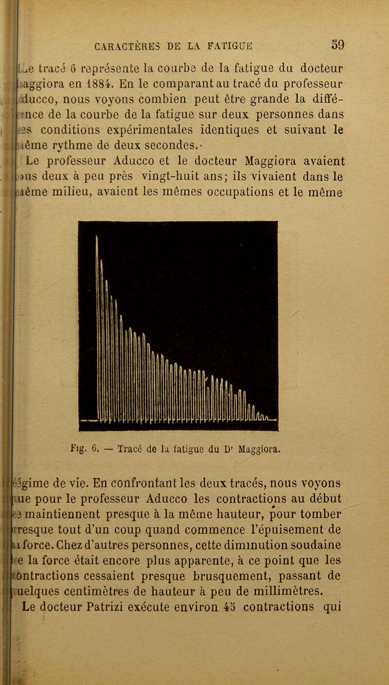 Le trace 6 représente la courbe de la fatigue dii docteur ; aggiora en 1884. En le comparantau tracé da professeur • i ducco, nous voyons combien peut ètre grande la dififé- nce de la courbe de la fatigue sur deux personnes dans I c3s conditions expérimentales identiques et suivant le ième rytlime de deux secondes.- Le professeur Aducco et le docteur Maggiora avaient • >us deux à peu près vingt-huit ans; ils vivaient dans le ; ìéme milieu, avaient les mèmes occupations et le mème Fig. 6. — Tracé de la fatigue du D' Maggiora. 'Agirne de vie. En confrontant les deux tracés, nous voyons lue pour le professeur Aducco les contractions au début è3 maintiennent presque à la mème hauteur, pour tomber rresque tout d’un coup quand commence l’épuisement de u force. Ghez d’autres personnes, cette diminution soudaine e la force était encore plus apparente, à ce point que les mntractions cessaient presque brusquement, passant de uelques centimètres de hauteur à peu de millimètres. Le docteur Patrizi exécute environ 45 contractions qui