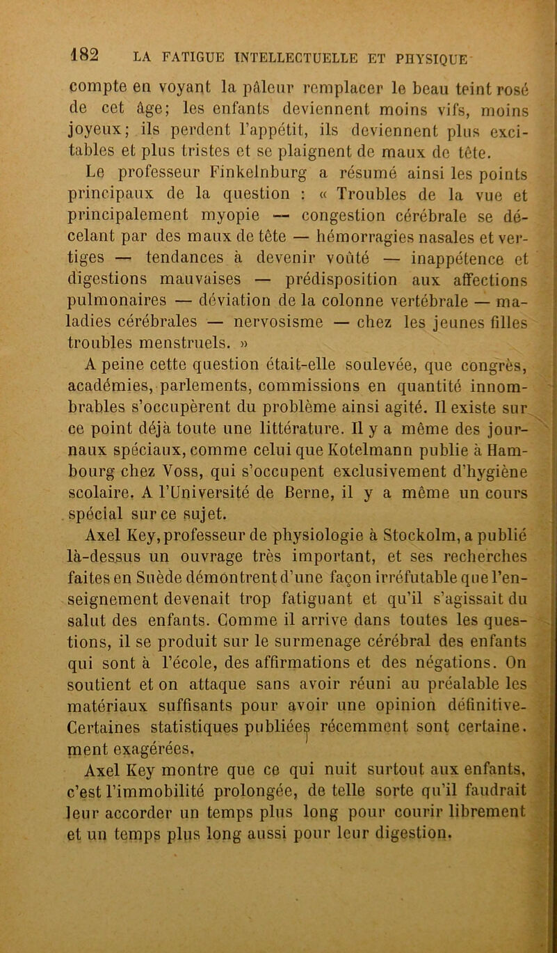 compte en voyant la pàleur remplacer le beau teintrosé de cet àge; les enfants deviennent moins vifs, moins joyeux; ils perdent l’appétit, ils deviennent plus exci- tables et plus tristes et se plaignent de maux de tète. Le professeur Finkelnburg a résumé ainsi les points principaux de la question : « Troubles de la vue et principalement myopie — congestion cérébrale se dé- celant par des maux de tète — hémorragies nasales et ver- tiges — tendances à devenir voùté — inappétence et digestions mauvaises — prédisposition aux affections pulmonaires — déviation de la colonne vertébrale — ma- ladies cérébrales — nervosisme — chez les jeunes filles troubles menstruels. » A peine cette question était-elle soulevée, que congrès, académies, parlements, commissions en quantité innom- brables s’occupèrent du problème ainsi agité. Ilexiste sur ce point déjà tonte une littérature. Il y a mème des jour- naux spéciaux, corame celui que Kotelmann publie à Ham- bourg chez Voss, qui s’occupent exclusivement d’hygiène scolaire. A l’Université de Berne, il y a mème un eours special sur ce sujet. Axel Key, professeur de physiologie à Stockolm, a publié là-des.sus un ouvrage très important, et ses recberches faites en Suède démontrent d’une facon irréfutable que l’en- seignement devenait trop fatiguant et qu’il s’agissait du salut des enfants. Comme il arrive dans toutes les ques- tions, il se produit sur le surmenage cérébral des enfants qui sont à Fècole, des affirmations et des négations. On soutient et on attaque sans avoir réuni au préalable les matóriaux suffìsants pour avoir une opinion définitive- Certaines statistiques publiée^ rócemment sont certaine. ment exagérées. Axel Key montre que ce qui nuit surtout aux enfants, c’est l’immobilité prolongée, de telle sorte qu’il faudrait leur accorder un temps plus long pour courir librement et un temps plus long aussi pour lcur digestion.