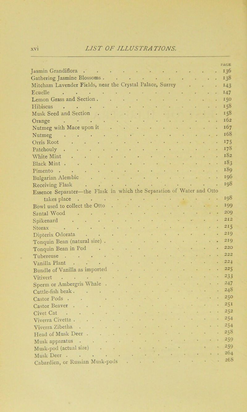 Jasmin Grandiflora ........... 136 Gathering Jasmine Blossoms 138 Mitcham Lavender Fields, near the Crystal Palace, Surrey . . - 143 Ecuelle ............. 147 Lemon Grass and Section. . . . . . . . .150 Hibiscus 158 Musk Seed and Section 158 Orange 162 Nutmeg with Mace upon it 167 Nutmeg *68 Orris Root I75 Patchouly . • • • • • • • • • • . . 178 White Mint 182 Black Mint ......•••••■■ 183 Pimento .....•••••■•■ 189 Bulgarian Alembic ........... 196 Receiving Flask 198 Essence Separater—the Flask in which the Separation of Water and Otto takes place 198 Bowl used to collect the Otto . . ’ i99 Santal Wood 209 Spikenard • 212 Storax ^*5 Dipterix Odorata . . . • • • • • • • .219 Tonquin Bean (natural size) 219 Tonquin Bean in Pod 220 Tubereuse Vanilla Plant .... ....... 224 Bundle of Vanilla as imported 225 Vitivert Sperm or Ambergris Whale 247 Cuttle-fish beak 24S Castor Pods . . -5° Castor Beaver -5^ Civet Cat ^5^ Viverra Civetta ...■••••••■• ~54 Viverra Zibetha ‘5-^ Head of Musk Deer ^58 Musk apparatus *59 Musk-pod (actual size) . . ' ‘ ■ 259 Musk Deer Cabardien, or Russian Musk-pods . ■ • .... 26b