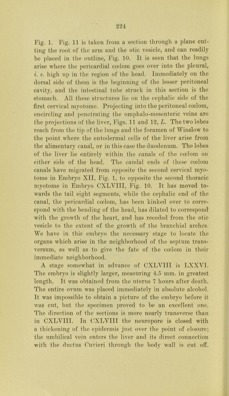 Fig. 1. Fig. 11 is taken from a section through a plane cut- ting the root of the arm and the otic vesicle, and can readily be placed in the outline. Fig. 10. It is seen that the lungs arise where the pericardial coelom goes over into the pleural, i. e. high up in the region of the head. Immediately on the dorsal side of them is the beginning of the lesser peritoneal cavity, and the intestinal tube struck in this section is the stomach. All these structures lie on the cephalic side of the first cervical myotome. Projecting into the peritoneal coelom, encircling and penetrating the omphalo-mesenteric veins are the projections of the liver, Figs. 11 and 12, L. The two lobes reach from the tip of the lungs and the foramen of Winslow to the point where the entodermal cells of the liver arise from the alimentary canal, or in this case the duodenum. The lobes of the liver lie entirely within the canals of the coelom on either side of the head. The caudal ends of these coelom canals have migrated from opposite the second cervical myo- tome in Embryo XII, Fig. 1, to opposite the second thoracic myotome in Embryo CXLVIII, Fig. 10. It has moved to- wards the tail eight segments, while the cephalic end of the canal, the pericardial coelom, has been kinked over to corre- spond with the bending of the head, has dilated to correspond with the growth of the heart, and has receded from the otic vesicle to the extent of the growth of the branchial arches. We have in this embryo the necessary stage to locate the organs which arise in the neighborhood of the septum trans- versum, as well as to give the fate of the coelom in their immediate neighborhood. A stage somewhat in advance of CXLVIII is LXXVI. The embryo is slightly larger, measuring 4.5 mm. in greatest length. It was obtained from the uterus 7 hours after dentil. The entire ovum was placed immediately in absolute alcohol. It was impossible to obtain a picture of the embryo before it was cut, but the specimen proved to be an excellent one. The direction of the sections is more nearly transverse than in CXLVIII. In CXLVIII the neuropore is closed with a thickening of the epidermis just over the point of closure; the umbilical vein enters the liver and its direct connection