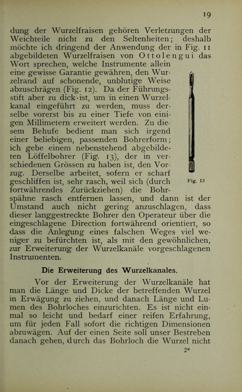 du,mg der Wurzelfraisen gehören Verletzungen der Weichteile nicht zu den Seltenheiten; deshalb möchte ich dringend der Anwendung der in Fig. ii abgebildeten Wurzelfraisen von O 11 o 1 e n g u i das Wort sprechen, welche Instrumente allein eine gewisse Garantie gewähren, den Wur- zelrand auf schonende, unblutige Weise I abzuschrägen (Fig. 12). Da der Führungs- stift aber zu dick «ist, um in einen Wurzel- kanal eingeführt zu werden, muss der- selbe vorerst bis zu einer Tiefe von eini- gen Millimetern erweitert werden. Zu die- sem Behufe bedient man sich irgend ^ einer beliebigen, passenden Bohr er form; ich gebe einem nebenstehend abgebilde- ten Löffelbohrer (Fig. 13), der in ver- j schiedenen Grössen zu haben ist, den Vor- « zug. Derselbe arbeitet, sofern er scharf ® geschliffen ist, sehr rasch, weil sich (durch fortwährendes Zurückziehen) die Bohr- spähne rasch entfernen lassen, und dann ist der Umstand auch nicht gering anzuschlagen, dass dieser langgestreckte Bohrer den Operateur über die eingeschlagene Direction fortwährend orientiert, so dass die Anlegung eines falschen Weges viel we- niger zu befürchten ist, als mit den gewöhnlichen, zur Erweiterung der Wurzelkanäle vorgeschlagenen Instrumenten. Die Erweiterung des Wurzelkanales. Vor der Erweiterung der Wurzelkanäle hat man die Länge und Dicke der betreffenden Wurzel in Erwägung zu ziehen, und danach Länge und Lu- men des Bohrloches einzurichten. Es ist nicht ein- mal so leicht und bedarf einer reifen Erfahrung, um für jeden Fall sofort die richtigen Dimensionen abzuwägen. Auf der einen Seite soll unser Bestreben danach gehen, durch das Bohrloch die Wurzel nicht 2*