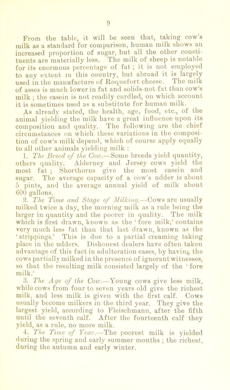 From the table, it will be seen that, taking cow’s milk as a standard for comparison, human milk shows an increased proportion of sugar, but all the other consti- tuents are materially less. The milk of sheep is notable for its enormous percentage of fat ; it is not employed to any extent in this country, but abroad it is largely used in the manufacture of Roquefort cheese. The milk of asses is much lower in fat and solids-not-fat than cow's milk ; the casein is not readily curdled, on which account it is sometimes used as a substitute for human milk. As already stated, the health, age, food, etc., of the animal yielding the milk have a great influence upon its composition and quality. The following are the chief circumstances on which these variations in the composi- tion of cow’s milk depend, which of course apply equally to all other animals yielding milk : 1. The Breed of the Cow.—Some breeds yield quantity, others quality. Alderney and Jersey cows yield the most fat ; Shorthorns give the most casein and sugar. The average capacity of a cow’s udder is about 5 pints, and the average annual yield of milk about 600 gallons. 2. The Time and Stage of Milking.—Cows are usually milked twice a day, the morning milk as a rule being the larger in quantity and the poorer in quality. The milk which is first drawn, known as the ‘ fore milk,’ contains very much less fat than that last drawn, known as the ‘strippings.’ This is due to a partial creaming taking place in the udders. Dishonest dealers have often taken advantage of this fact in adulteration cases, by having the cows partially milked in the presence of ignorant witnesses, so that the resulting milk consisted largely of the ‘ fore milk.’ 3. The Age of the Cow.—Young cows give less milk, while cows from four to seven years old give the richest milk, and less milk is given with the first calf. Cows usually become milkers in the third year. They give the largest yield, according to Fleischmann, after the fifth until the seventh calf. After the fourteenth calf they yield, as a rule, no more milk. 4. The Time of Year.-— The poorest milk is yielded during the spring and early summer months ; the richest, during the autumn and early winter.