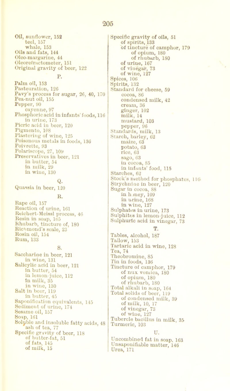Oil, sunflower, 152 teel, 157 whale, 153 Oils and fats, 144 Oleo-margarine, 44 Oleorefructometer, 151 Original gravity of beer, 122 P. Palm oil, 153 Pasteuration, 126 Pavy's process for sugar, 26, 40, 170 Pea-nut oil, 155 Pepper, 00 cayenne, 97 Phosphoric acid in infants' foods, 116 in urine, 173 Picric acid in beer, 120 Pigmento, 108 Plastering of wine, 125 Poisonous metals in foods, 136 Poivrette, 93 Polariscope, 27, 109 Preservatives in beer, 121 in butter, 54 in milk, 29 in wine, 130 Q- Quassia in beer, 120 R. Rape oil, 157 Reaction of urine, 161 Reichert- Meissl process, 46 Resin in soap, 165 Rhubarb, tincture of, 180 Richmond's scale, 23 Rosin oil, 154 Rum, 133 S. Saccharine in beer, 121 in wine, 131 Salicylic acid in beer, 121 in butter, 54 in lemon-juicc, 112 in milk, 35 in wine, 130 Salt in beer, 119 in butter, 45 Saponification equivalents, 145 Sediment of urine, 174 Sesame oil, 157 Soap, 161 Solyblo and insoluble fatty acids, 48 ash of tea, 77 Specific gravity of beer, 118 of butter-fat, 51 of fats, 145 of milk, 15 Specific gravity of oils, 51 of spirits, 133 of tincture of camphor, 179 of opium, 180 of rhubarb, 180 of urine, 167 of vinegar, 73 of wine, 127 Spices, 106 Spirits, 132 Standard for cheese, 59 cocoa, SC condensed milk, 42 cream, 36 ginger, 102 milk, 14 mustard, 103 pepper, 96 Standards, milk, 13 Starch, barley, 62 maize, 63 potato, 63 rice, 63 sago, 63 in cocoa, 85 in infants' food, 115 Starches, 62 Stock's method for phosphates, 11(1 Strychnine in beer, 120 Sugar in cocoa, 88 in hjney, 109 in urine, 168 in wine, 127 Sulphates in urine, 173 Sulphites in lemon-juice, 112 Sulphuric acid in vinegar, 73 T. Tables, alcohol, 187 Tallow, 153 Tartaric acid in wine, 128 Tea, 74 Theobromine, 85 Tin in foods, 136 Tincture of camphor, 179 of nux. vomica, 180 of opium, 180 of rhubarb, ISO Total alkali in soap, 164 Total solids of beer, 119 of condensed milk, 39 of milk, 10, 17 of vinegar, 73 of wine, 127 Tubercle bacillus in milk, 35 Turmeric, 103 U. Uncombined fat in soap, 163 Unsaponifiable matter, 146 Urea, 171