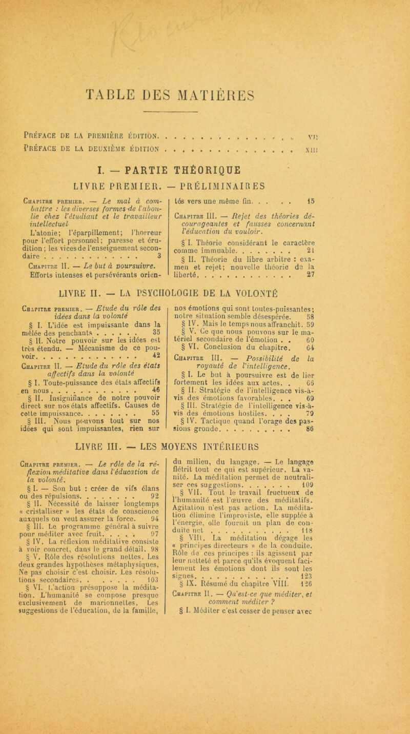 TABLE DES MATIÈRES Préface de la première édition , „ vjs Préface de la deuxième édition xm I. — PARTIE THÉORIQUE LIVRE PREMIER. — PRÉLIMINAIRES Chapitre premier. — Le mal à com- battre : les diverses formes de l'abou- lie chez l’étudiant et le travailleur intellectuel L’atonie; l’éparpilLement; l'horreur pour l’effort personnel; paresse et éru- dition ; les vices de l’enseignement secon- daire 3 Chapitre II. — Le but à voursuivre. Efforts intenses et persévérants orien- tés vers une même fin 15 Chapitre III. — Rejet des théories dé- courageantes et fausses concernant l'éducation du vouloir. § I. Théorie considérant le caractère comme immuable 21 § II. Théorie du libre arbitre : exa- men et rejet; nouvelle théorie do la liberté 27 LIVRE II. — LA PSYCHOLOGIE DE LA VOLONTÉ Chapitre premier. — Etude du rôle des idées dans la volonté § I. L’idée est impuissante dans la mêlée des penchants 35 § IL Notre pouvoir sur les idées est très étendu. — Mécanisme de ce pou- voir 42 Chapitre IL — Etude du rôle des états affectifs dans la volonté § I. Toute-puissance des états affectifs en nous 46 § II. Insignifiance de notre pouvoir direct sur nos états affectifs. Causes de cotte impuissance 55 § III. Nous pouvons tout sur nos idées qui sont impuissantes, rien sur nos émotions qui sont toutes-puissantes; notre situation semble désespérée. 58 § IV. Mais le temps nous affranchit. 59 § V. Ce que nous pouvons sur le ma- tériel secondaire de l’émotion . . 60 § VI. Conclusion du chapitre. 64 Chapitre III. — Possibilité de la royauté de l'intelligence. § I. Le but à poursuivre est de lier fortement les idées aux actes. . 66 § IL Stratégie de l’intelligence vis-à- vis des émotions favorables. . . 69 § III. Stratégie de l’intelligence vis-à- vis des émotions hostiles. ... 79 § IV. Tactique quand l’orage des pas- sions gronde 86 LIVRE III. — LES MOYENS INTÉRIEURS Chapitre premier. — Le rôle de la ré- flexion méditative dans l'éducation de la volonté. § I. — Son but : créer de vifs élans ou des répulsions 92 § II. Nécessité de laisser longtemps « cristalliser » les états de conscience auxquels on veut assurer la force. 94 § Ill. Le programme général à suivre pour méditer avec fruit 97 § IV. La réflexion méditative consiste à voir concret, dans le grand détail. 98 § V. Rôle des résolutions nettes. Les deux grandes hypothèses métaphysiques. Ne pas choisir c’est choisir. Les résolu- tions secondaires 103 § VL L’action présuppose la médita- tion. L’humanité se compose presque exclusivement de marionnettes. Les du milieu, du langage. — Le langage flétrit tout ce qui est supérieur. La va- nité. La méditation permet de neutrali- ser ces suggestions 109 § VII. Tout le travail fructueux de l’humanité est l’œuvre des méditatifs. Agitation n’est pas action. La médita- tion élimine l’improvisle, elle supplée à l’énergie, olle fournit un plan de con- duite net 118 § VII l. La méditation dégage les « principes directeurs » de la conduite. Rôle de ces principes : ils agissent par leur netteté et parce qu’ils évoquent faci- lement les émotions dont ils sont les signes 123 § IX. Résumé du chapitre VIII. 126 Chapitre II. — Qu est-ce que méditer, et comment méditer ?