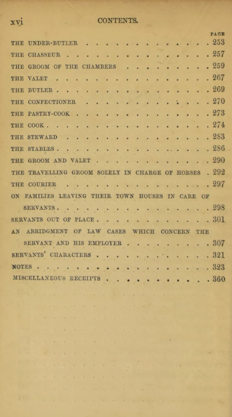 xyi PAGB THE UNDER-BUTLER 253 THE CHASSEUR 257 THE GROOM OF THE CHAMBERS 259 THE VALET 267 THE BUTLER 269 THE CONFECTIONER . . . 270 THE PASTRY-COOK 273 THE COOK 274 THE STEWARD 2S3 THE STABLES 286 * THE GROOM AND VALET 290 THE TRAVELLING GROOM SOLELY IN CHARGE OF HORSES . 292 THE COURIER 297 ON FAMILIES LEAVING THEIR TOWN HOUSES IN CARE OF SERVANTS 298 SERVANTS OUT OF PLACE 301 AN ABRIDGMENT OF LAW CASES WHICH CONCERN THE SERVANT AND HIS EMPLOYER 307 servants’ characters • 321 NOTES 323 MISCELLANEOUS RECEIPTS 360