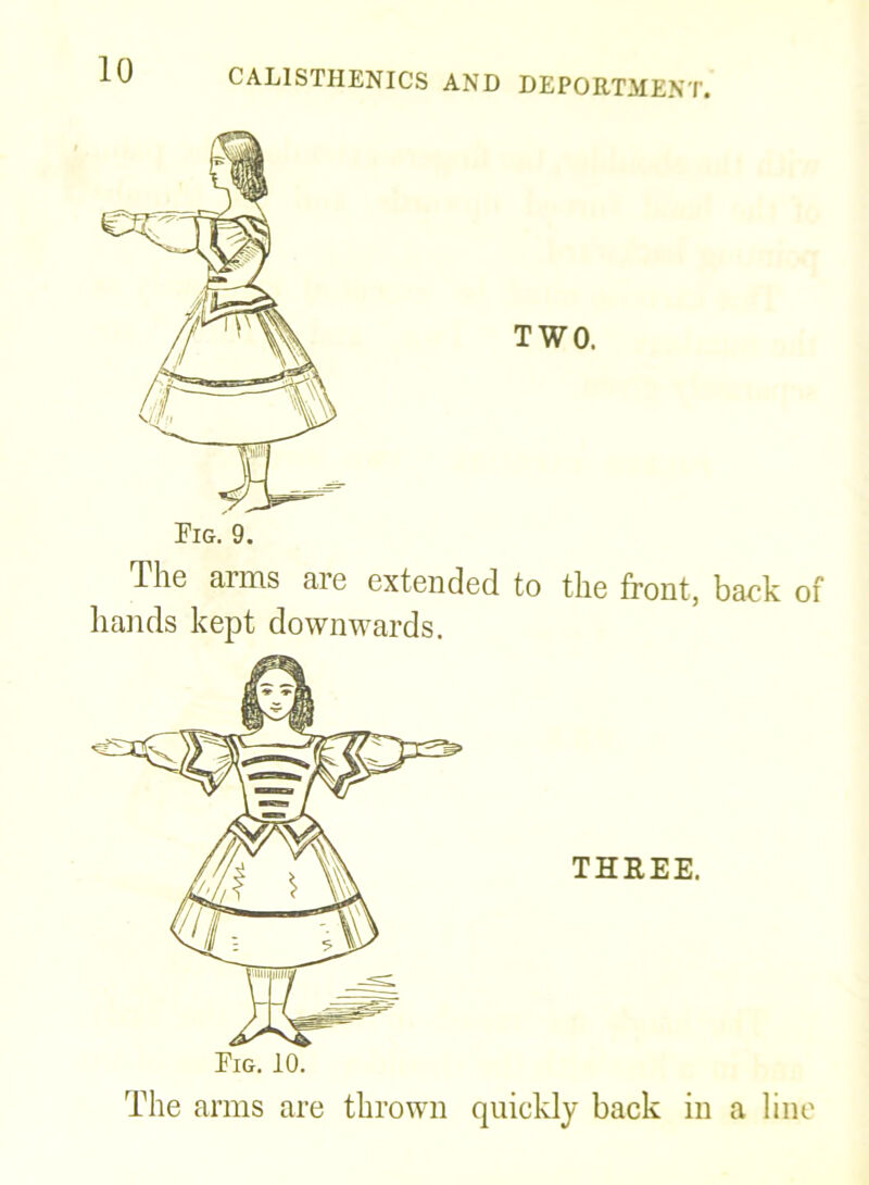 Fig. 9. TWO. The arms are extended to the front, back of hands kept downwards. THREE. Fig. 10. The arms are thrown quickly back in a line