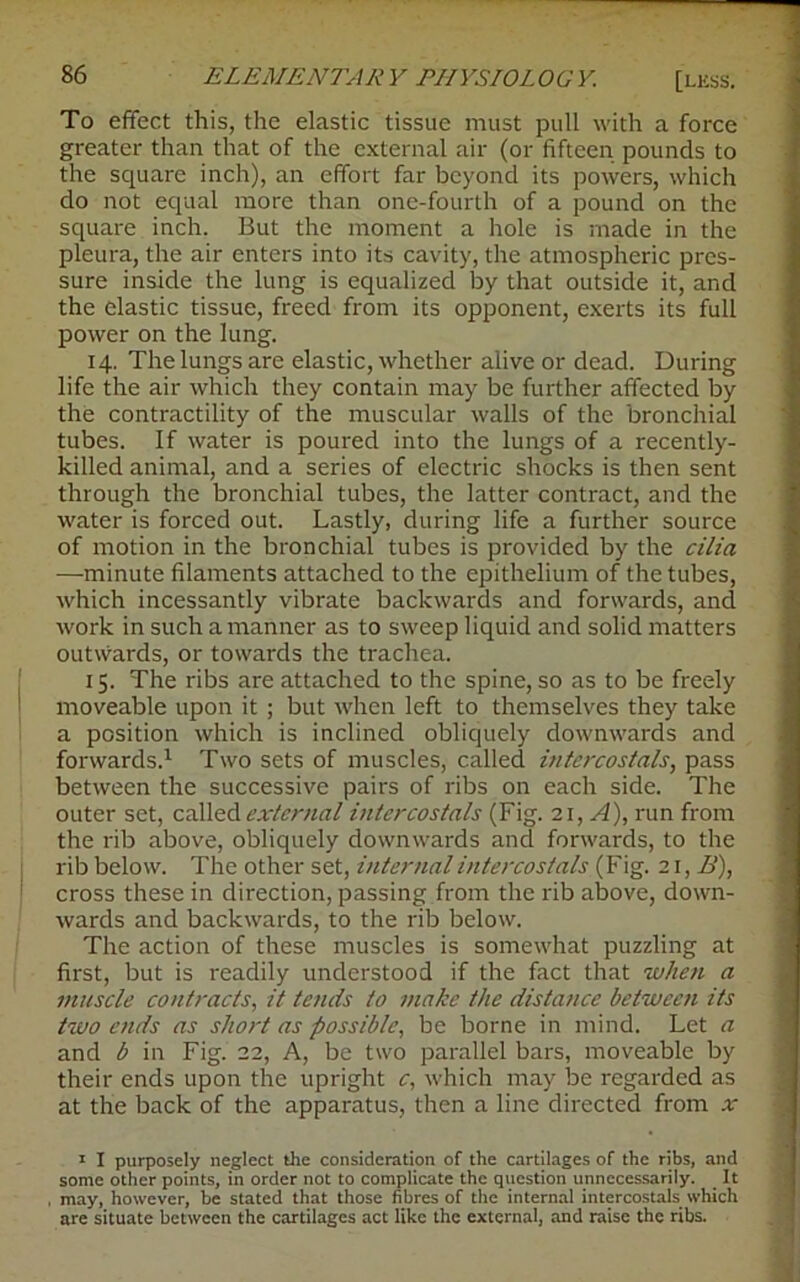 To effect this, the elastic tissue must pull with a force greater than that of the external air (or fifteen pounds to the square inch), an effort far beyond its powers, which do not equal more than one-fourth of a pound on the square inch. But the moment a hole is made in the pleura, the air enters into its cavity, the atmospheric pres- sure inside the lung is equalized by that outside it, and the elastic tissue, freed from its opponent, exerts its full power on the lung. 14. The lungs are elastic, whether alive or dead. During life the air which they contain may be further affected by the contractility of the muscular walls of the bronchial tubes. If water is poured into the lungs of a recently- killed animal, and a series of electric shocks is then sent through the bronchial tubes, the latter contract, and the water is forced out. Lastly, during life a further source of motion in the bronchial tubes is provided by the cilia —minute filaments attached to the epithelium of the tubes, which incessantly vibrate backwards and forwards, and work in such a manner as to sweep liquid and solid matters outwards, or towards the trachea. 15. The ribs are attached to the spine, so as to be freely moveable upon it ; but when left to themselves they take a position which is inclined obliquely downwards and forwards.1 Two sets of muscles, called intcrcostals, pass between the successive pairs of ribs on each side. The outer set, called external intcrcostals (Fig. 21, A), run from the rib above, obliquely downwards and forwards, to the rib below. The other set, inter/ml intercostals (Fig. 21, B), cross these in direction, passing from the rib above, down- wards and backwards, to the rib below. The action of these muscles is somewhat puzzling at first, but is readily understood if the fact that when a muscle contracts, it tends to make the distance between its two ends as short as possible, be borne in mind. Let a and b in Fig. 22, A, be two parallel bars, moveable by their ends upon the upright c, which may be regarded as at the back of the apparatus, then a line directed from x 1 I purposely neglect the consideration of the cartilages of the ribs, and some other points, in order not to complicate the question unnecessarily. It may, however, be stated that those fibres of the internal intercostals which are situate between the cartilages act like the external, and raise the ribs.