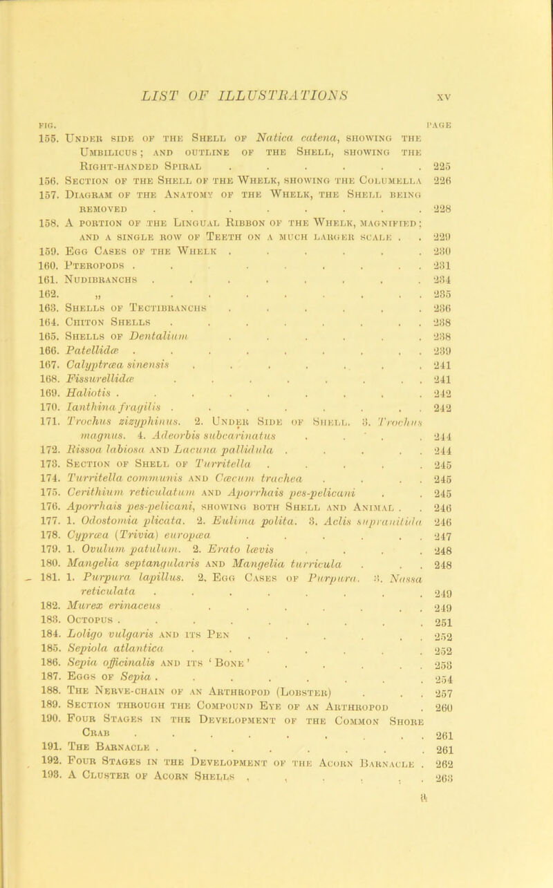 FIG. I’.\GE 155. Undeu side ok the Shell op Naticu catena, showing the Umbilicus; .vnd outline of the Shell, showing the Right-handed Spiral ...... 225 156. Section of the Shell of the Whelk, showing the Columella 226 157. Di.agram of the Anatomy op the Whelk, the Shell being REMOVED ........ 228 158. A portion op the Lingual Ribbon of the Whelk, magnified; AND a single row OF TeETH ON A MUCH LARGER SCALE . . 22il 159. Egg Cases op the Whelk ...... 2.40 160. Pteropods . . ...... 231 161. Nudibranchs ........ 234 162. „ ........ 235 163. Shells of Tectibranchs ...... 236 164. Chiton Shells . . . . . . . . 238 165. Shells op Dentaliiim ...... 238 166. Patellidce ......... 239 167. Calyptrcea sineiisift . . . . ... , 241 168. Fissurellidtp , . . . . . . , 241 169. Haliotis ......... 242 170. lanthina fragilis ........ 242 171. Trochus zizyphinns. 2. Under Side of Shell. 3. Ti-ocIiiih magniis. 4. Adeorbis subcarinafus . . ' . . 244 172. liissoa labiosa and Lacuna pallidiila . . . . . 244 173. Section op Shell of Tnrritclla ..... 245 174. Turritella communis and Ccecum trachea . . . . 245 175. Cerithiuin reticulatum and Aporrhais pes-pelicani . . 245 176. Apoi-rhais pes-pelicani, showing both Shell and Animal . . 246 177. 1. Odostomia plicata. 2. Eidima poUta. 3. Adis siipraiiilida 246 178. Cyprcea (Tnvia) europtea . . . . . . -247 179. 1. Ovuliim patulum. 2. Erato Levis .... 248 180. Mangelia septangularis and Mangelia turricula . . , 248 181. 1. Putpura lapillus. 2. Egg Cases op Purpura. 3. Nassa reticulata ........ 249 182. Murex erinaceus . . . . 249 183. Octopus ......... 251 184. Loligo vulgaris and its Pen . . . . , , 252 185. Sepiola atlantica ....... 252 186. Sepia officinalis and its ‘Bone’ . . 258 187. Eggs of Sepia ........ 254 188. The Nerve-chain of an Arthropod (Lobster) . . 257 189. Section through the Compound Eye of an Arthropod . 260 190. Four Stages in the Development of the Common Shore Crab . . 261 191. The Barnacle ........ 261 192. Four Stages in the Development of the Acorn Barnacle . 262 198. A Cluster op Acorn Shells , , . . . 263 ft
