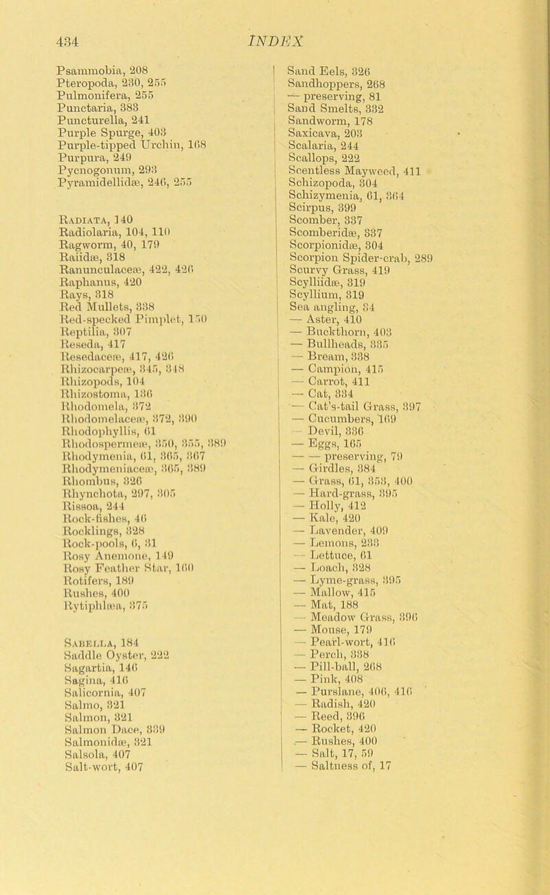 Psammobia, ‘208 Pteropoda, 230, 25:> Pulmoiiifera, 251) Punctai'ia, 383 Pimcturella, 241 Purple Spurge, 403 Purple-tipped Urchin, KIS Purpura, 249 Pycnogonuni, 293 Pyramidellidte, 240, 2>r> Radiata, 140 Radiolaria, 104, 110 Ragworm, 40, 179 Raiidoe, 318 Ranunculaceaj, 422, 42(! Raphanus, 420 Rays, 318 Red Mullets, 338 Red-specked Pimph't, I'O Reptiliii, 307 Reseda, 417 Resedacea), 417, 420 Rhizocarpoa*, 34.7, 3 IS Rhizopods, 104 Rhizostoma, 130 Rhodomela, 372 Rliodomelacea', 372, 390 Rliodophyllis, 01 Rliodosperniea', 370, 377, 389 Rliodymoiiia, 01, 307, 307 Rhodymeniaceic, 307, 389 Rhombus, 320 Rhyncbota, 297, 307 Rissoa, 244 Rock-lisbes, 40 Rocklings, 328 Rock-i)Ools, 0, 31 Rosy Anemone, 149 Rosy Feather Star, 100 Rotifers, 189 Rushes, 400 Rytiphhea, 377 Sadf.li.a, 184 Saddle Oyster, 222 Sagartia, 140 Hagina, 410 Salicornia, 407 Salmo, 321 Salmon, 321 Salmon Dace, 839 Salmonida^ 321 Salsola, 407 Salt-wort, 407 I Sand Eels, 320 Sandhoppers, 268 — preserving, 81 Sand Smelts, 332 Sandworm, 178 ! Saxicava, 203 I Scalaria, 244 Scallops, 222 Scentless Mayweed, 411 i Schizopoda, 304 Schizymenia, 01, 304 Scirpus, 399 Scomber, 337 Scomberidai, 337 ScorpionidtB, 304 Scorpion Spider-crab, 289 Scurvy Grass, 419 SoylliidK!, 319 I Scylliuin, 319 I Sea angling, 34 — Aster, 410 — Buckthorn, 403 — Bullheads, 337 , —Bream, 338 1 — Campion, 417 1 — Carrot, 411 — Cat, 334 '— Cat’s-tail Grass, 397 — Cucumbers, 109 Devil, 330 — Eggs, 107 preserving, 79 — Girdles, 384 — Grass, 01, 373, 400 — Hard-grass, 397 — Holly, 412 — Kale, 420 — Davender, 409 — Lemons, 233 — Lettuce, 01 — Loach, 3‘28 — Lyme-grass, 397 — Mallow, 417 — Mat, 188 Meadow Grass, 390 — Mouse, 179 - Pearl-wort, 410 — Perch, 338 — Pill-ball, 208 — Pink, 408 ! — Purslane, 400, 410 j — Radish, 42(1 I — Reed, 390 — Rocket, 420 .— Rushes, 400 — Salt, 17, .79 — Saltness of, 17