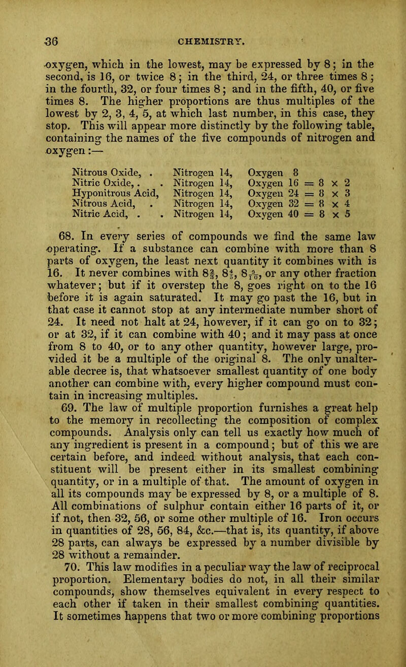 •oxygen, which in the lowest, may be expressed by 8; in the second, is 16, or twice 8; in the third, 24, or three times 8; in the fourth, 32, or four times 8; and in the fifth, 40, or five times 8. The higher proportions are thus multiples of the lowest by 2, 3, 4, 5, at which last number, in this case, they stop. This will appear more distinctly by the following table, containing the names of the five compounds of nitrogen and oxygen:— Nitrous Oxide, . Nitrogen 14, Nitric Oxide,. . Nitrogen 14, Hyponitrous Acid, Nitrogen 14, Nitrous Acid, . Nitrogen 14, Nitric Acid, . . Nitrogen 14, Oxygen 8 Oxygen 16 = 8 x 2 Oxygen 24 = 8 x 3 Oxygen 32 = 8 x 4 Oxygen 40 = 8 x 5 68. In every series of compounds we find the same law •operating. If a substance can combine with more than 8 parts of oxygen, the least next quantity it combines with is 16. It never combines with 8J, 8f, 8^, or any other fraction whatever; but if it overstep the 8, goes right on to the 16 before it is again saturated. It may go past the 16, but in that case it cannot stop at any intermediate number short of 24. It need not halt at 24, however, if it can go on to 32; or at 32, if it can combine with 40; and it may pass at once from 8 to 40, or to any other quantity, however large, pro- vided it be a multiple of the original 8. The only unalter- able decree is, that whatsoever smallest quantity of one body another can combine with, every higher compound must con- tain in increasing multiples. 69. The law of multiple proportion furnishes a great help to the memory in recollecting the composition of complex compounds. Analysis only can tell us exactly how much of any ingredient is present in a compound; but of this we are certain before, and indeed without analysis, that each con- stituent will be present either in its smallest combining quantity, or in a multiple of that. The amount of oxygen in all its compounds may be expressed by 8, or a multiple of 8. All combinations of sulphur contain either 16 parts of it, or if not, then 32, 56, or some other multiple of 16. Iron occurs in quantities of 28, 56, 84, &c.—that is, its quantity, if above 28 parts, can always be expressed by a number divisible by 28 without a remainder. 70. This law modifies in a peculiar way the law of reciprocal proportion. Elementary bodies do not, in all their similar compounds, show themselves equivalent in every respect to each other if taken in their smallest combining quantities. It sometimes happens that two or more combining proportions