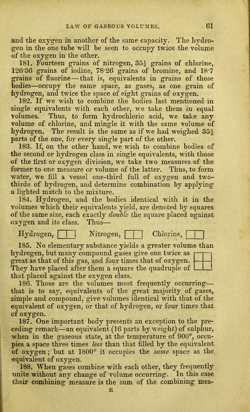 and the oxygen in another of the same capacity. The hydro- gen in the one tube will be seen to occupy twice the volume ■of the oxygen in the other. 181. Fourteen grains of nitrogen, 35J grains of chlorine, 126’36 grains of iodine, 78'26 grains of bromine, and 18-7 grains of fluorine—that is, equivalents in grains of those bodies—occupy the same space, as gases, as one grain of hydrogen, and twice the space of eight grains of oxygen. 182. If we wish to combine the bodies last mentioned in single equivalents with each other, we take them in equal volumes. Thus, to form hydrochloric acid, we take any volume of chlorine, and mingle it with the same volume of hydrogen. The result is the same as if we had weighed 35J parts of the one, for every single part of the other. 183. If, on the other hand, we wish to combine bodies of the second or hydrogen class in single equivalents, with those of the first or oxygen division, we take two measures of the former to one measure or volume of the latter. Thus, to form water, we fill a vessel one-third full of oxygen and two- thirds of hydrogen, and determine combination by applying a lighted match to the mixture. 184. Hydrogen, and the bodies identical with it in the volumes which their equivalents yield, are denoted by squares of the same size, each exactly double the square placed against oxygen and its class. Thus— Hydrogen, j | | Nitrogen, | i [ Chlorine, | [ | 185. No elementary substance yields a greater volume than hydrogen, but many compound gases give one twice as —— great as that of this gas, and four times that of oxygen. They have placed after them a square the quadruple of — that placed against the oxygen class. 186. Those are the volumes most frequently occurring— that is to say, equivalents of the great majority of gases, simple and compound, give volumes identical with that of the equivalent of oxygen, or that of hydrogen, or four times that cf oxygen. 187. One important body presents an exception to the pre- ceding remark—an equivalent (16 parts by weight) of sulphur, when in the gaseous state, at the temperature of 900°, occu- pies a space three times less than that filled by the equivalent of oxygen; but at 1800° it occupies the same space as the j equivalent of oxygen. 188. When gases combine with each other, they frequently unite without any change of volume occurring. In this case their combining measure is the sum of the combining mea-