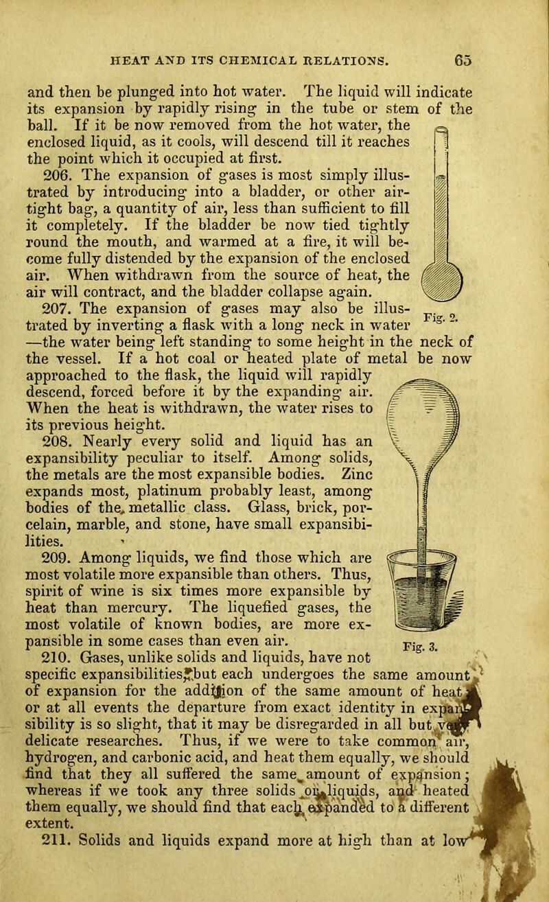 Fig. 2. and then be plunged into hot water. The liquid will indicate its expansion by rapidly rising in the tube or stem of the ball. If it be now removed from the hot water, the enclosed liquid, as it cools, will descend till it reaches the point which it occupied at first. 206. The expansion of gases is most simply illus- trated by introducing into a bladder, or other air- tight bag, a quantity of air, less than sufficient to fill it completely. If the bladder be now tied tightly round the mouth, and warmed at a fire, it will be- come fully distended by the expansion of the enclosed air. When withdrawn from the source of heat, the air will contract, and the bladder collapse again. 207. The expansion of gases may also be illus- trated by inverting a flask with a long neck in water —the water being left standing to some height in the neck of the vessel. If a hot coal or heated plate of metal be now approached to the flask, the liquid will rapidly descend, forced before it by the expanding air. When the heat is withdrawn, the water rises to its previous height. 208. Nearly every solid and liquid has an expansibility peculiar to itself. Among solids, the metals are the most expansible bodies. Zinc expands most, platinum probably least, among bodies of the, metallic class. Glass, brick, por- celain, marble, and stone, have small expansibi- lities. 209. Among liquids, we find those which are most volatile more expansible than others. Thus, spirit of wine is six times more expansible by heat than mercury. The liquefied gases, the most volatile of known bodies, are more ex- pansible in some cases than even air. 210. Gases, unlike solids and liquids, have not specific expansibilities£but each undergoes the same amount of expansion for the addition of the same amount of heat or at all events the departure from exact identity in expai1 sibility is so slight, that it may be disregarded in all but.v Jl delicate researches. Thus, if we were to take common' aTr, hydrogen, and carbonic acid, and heat them equally, we should find that they all suffered the same,amount of expansion; whereas if we took any three solids ^oij^liquids, and heated them equally, we should find that eacjjj expanded to a different extent. 211. Solids and liquids expand more at high than at lo Fig. 3.