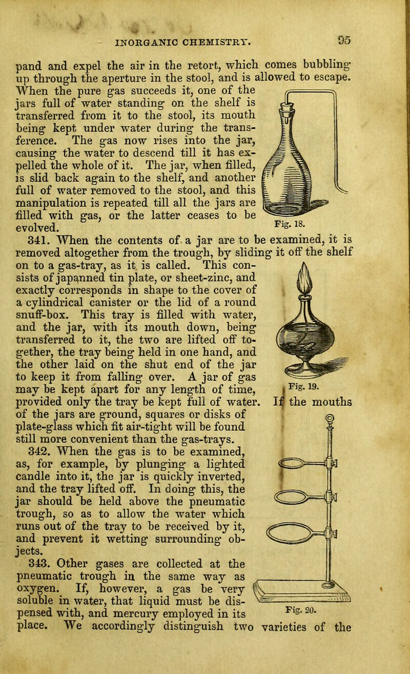 Oo pand and expel the air in the retort, which comes bubbling up through the aperture in the stool, and is allowed to escape. When the pure gas succeeds it, one of the jars full of water standing on the shelf is transferred from it to the stool, its mouth being kept under water during the trans- ference. The gas now rises into the jar, causing the water to descend till it has ex- pelled the whole of it. The jar, when filled, is slid back again to the shelf, and another full of water removed to the stool, and this manipulation is repeated till all the jars are filled with gas, or the latter ceases to be evolved. Flg-18- 341. When the contents of a jar are to be examined, it is removed altogether from the trough, by sliding it off the shelf on to a gas-tray, as it. is called. This con- sists of japanned tin plate, or sheet-zinc, and exactly corresponds in shape to the cover of a cylindrical canister or the lid of a round snuff-box. This tray is filled with water, and the jar, with its mouth down, being transferred to it, the two are lifted off to- gether, the tray being held in one hand, and the other laid on the shut end of the jar to keep it from falling over. A jar of gas may be kept apart for any length of time, provided only the tray be kept full of water, of the jars are ground, squares or disks of plate-glass which fit air-tight will be found still more convenient than the gas-trays. 342. When the gas is to be examined, as, for example, by plunging a lighted candle into it, the jar is quickly inverted, and the tray lifted off. In doing this, the jar should be held above the pneumatic trough, so as to allow the water which runs out of the tray to be received by it, and prevent it wetting surrounding ob- jects. 343. Other gases are collected at the pneumatic trough in the same way as oxygen. If, however, a gas be very soluble in water, that liquid must be dis- pensed with, and mercury employed in its place. We accordingly distinguish two varieties of the ( Fig. 19. If the mouths —i ja Fig. 20.