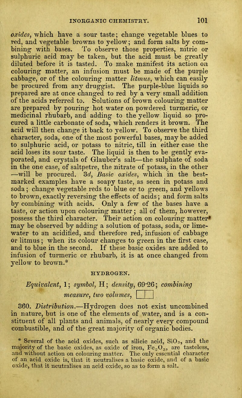 oxides, which have a sour taste; change vegetable blues to red, and vegetable browns to yellow; and form salts by com- bining with bases. To observe those properties, nitric or sulphuric acid may be taken, but the acid must be greatly diluted before it is tasted. To make manifest its action on colouring matter, an infusion must be made of the purple cabbage, or of the colouring matter litmus, which can easily be procured from any druggist. The purple-blue liquids so prepared are at once changed to red by a very small addition of the acids referred to. Solutions of brown colouring matter are prepared by pouring hot water on powdered turmeric, or medicinal rhubarb, and adding to the yellow liquid so pro- cured a little carbonate of soda, which renders it brown. The acid will then change it back to yellow. To observe the third character, soda, one of the most powerful bases, maybe added to sulphuric acid, or potass to nitric, till in either case the acid loses its sour taste. The liquid is then to be gently eva- porated, and crystals of Glauber’s salt—the sulphate of soda in the one case, of saltpetre, the nitrate of potass, in the other —will be procured. 3d, Basic oxides, which in the best- marked examples have a soapy taste, as seen in potass and soda; change vegetable reds to blue or to green, and yellows to brown, exactly reversing the effects of acids; and form salts by combining with acids. Only a few of the bases have a taste, or action upon colouring matter; all of them, however, possess the third character. Their action on colouring matter* may be observed by adding a solution of potass, soda, or lime- water to an acidified, and therefore red, infusion of cabbage or litmus ; when its colour changes to green in the first case, and to blue in the second. If these basic oxides are added to infusion of turmeric or rhubarb, it is at once changed from yellow to brown.'* HYDROGEN. Equivalent, 1; symbol, H; density, 69'26; combining measure, two volumes, Q 360. Distribution.—Hydrogen does not exist uncombined in nature, but is one of the elements of water, and is a con- stituent of all plants and animals, of nearly every compound combustible, and of the great majority of organic bodies. * Several of the acid oxides, such as silicic acid, SiC>3, and the majority of the basic oxides, as oxide of iron, Fe203, are tasteless, and without action on colouring matter. The only essential character of an acid oxide is, that it neutralises a basic oxide, and of a basic oxide, that it neutralises an acid oxide, so as to form a salt.