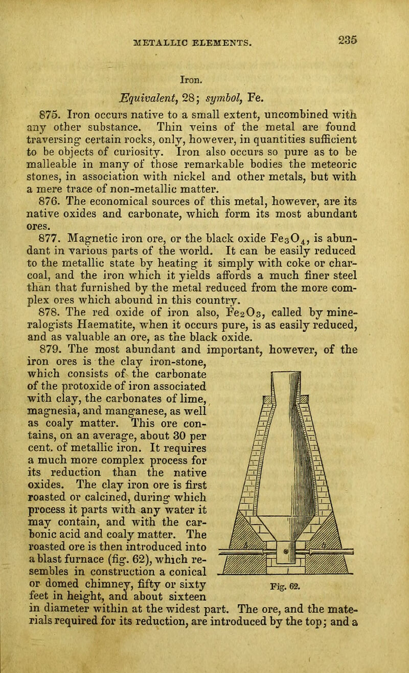 Iron. Equivalent, 28; symbol, Fe. 875. Iron occurs native to a small extent, uncombined witti any other substance. Thin veins of the metal are found traversing- certain rocks, only, however, in quantities sufficient to be objects of curiosity. Iron also occurs so pure as to be malleable in many of those remarkable bodies the meteoric stones, in association with nickel and other metals, but with a mere trace of non-metallic matter. 876. The economical sources of this metal, however, are its native oxides and carbonate, which form its most abundant ores. 877. Magnetic iron ore, or the black oxide Fes04, is abun- dant in various parts of the world. It can be easily reduced to the metallic state by heating it simply with coke or char- coal, and the iron which it yields affords a much finer steel than that furnished by the metal reduced from the more com- plex ores which abound in this country. 878. The red oxide of iron also, FegOs, called by mine- ralogists Haematite, when it occurs pure, is as easily reduced, and as valuable an ore, as the black oxide. 879. The most abundant and important, however, of the iron ores is the clay iron-stone, which consists of the carbonate of the protoxide of iron associated with clay, the carbonates of lime, magnesia, and manganese, as well as coaly matter. This ore con- tains, on an average, about 30 per cent, of metallic iron. It requires a much more complex process for its reduction than the native oxides. The clay iron ore is first roasted or calcined, during which process it parts with any water it may contain, and with the car- bonic acid and coaly matter. The roasted ore is then introduced into a blast furnace (fig. 62), which re- sembles in construction a conical or domed chimney, fifty or sixty 62. feet in height, and about sixteen in diameter within at the widest part. The ore, and the mate- rials required for its reduction, are introduced by the top; and a