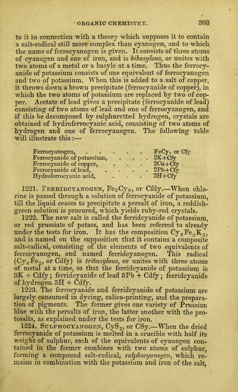 to it in connection with a theory which supposes it to contain a salt-radical still more complex than cyanogen, and to which the name of ferrocyanogen is given. It consists of three atoms of cyanogen and one of iron, and is bibasylous, or unites with two atoms of a metal or a basyle at a time. Thus the ferrocy- anide of potassium consists of one equivalent of ferrocyanogen and two of potassium. When this is added to a salt of copper, it throws down a brown precipitate (ferrocyanide of copper), in which the two atoms of potassium are replaced by two of cop- per. Acetate of lead gives a precipitate (ferrocyanide of lead) consisting of two atoms of lead and one of ferrocyanogen, and if this be decomposed by sulphuretted hydrogen, crystals are obtained of hydroferrocyanic acid, consisting of two atoms of hydrogen and one of ferrocyanogen. The following table will illustrate this:— Ferrocyanogen, FeCy3 or Cfy Ferrocyanide of potassium, . . . 2K+Cfy Ferrocyanide of copper, . . . 2Cu+Cfy Ferrocyanide of lead, .... 2Pb+Cfy Hydroferrocyanic acid, . . . 2H+Cfy 1221. Ferridcyanogen, Fe2Cye, or Cfdy.—When chlo- rine is passed through a solution of ferrocyanide of potassium, till the liquid ceases to precipitate a persalt of iron, a reddish- g'reen solution is procured, which yields ruby-red crystals. 1222. The new salt is called the ferridcyanide of potassium, or red prussiate of potass, and has been referred to already under the tests for iron. It has the composition Cy6FeoK3, and is named on the supposition that it contains a composite salt-radical, consisting of the elements of two equivalents of ferrocyanogen, and named ferridcyanogen. This radical (CyfiFe2, or Cdfy) is triba.sylous, or unites with three atoms of metal at a time, so that the ferridcyanide of potassium is 3K + Cdfy; ferridcyanide of lead 3Pb + Cdfy; ferridcyanide of hydrogen 3H + Cdfy. 1223. The ferrocyanide and ferridcyanide of potassium are largely consumed in dyeing, calico-printing, and the prepara- tion of pigments. The former gives one variety of Prussian blue with the persalts of iron, the latter another with the pro- tosalts, as explained under the tests for iron. 1224. Sulphocyanogen, CyS2, or CSy.—When the dried ferrocyanide of potassium is melted in a crucible with half its weight of sulphur, each of the equivalents of cyanogen con- tained in the former combines with two atoms of sulphur, forming a compound salt-radical, sulphocyanogen, which re- mains in combination with the potassium and iron of the salt,