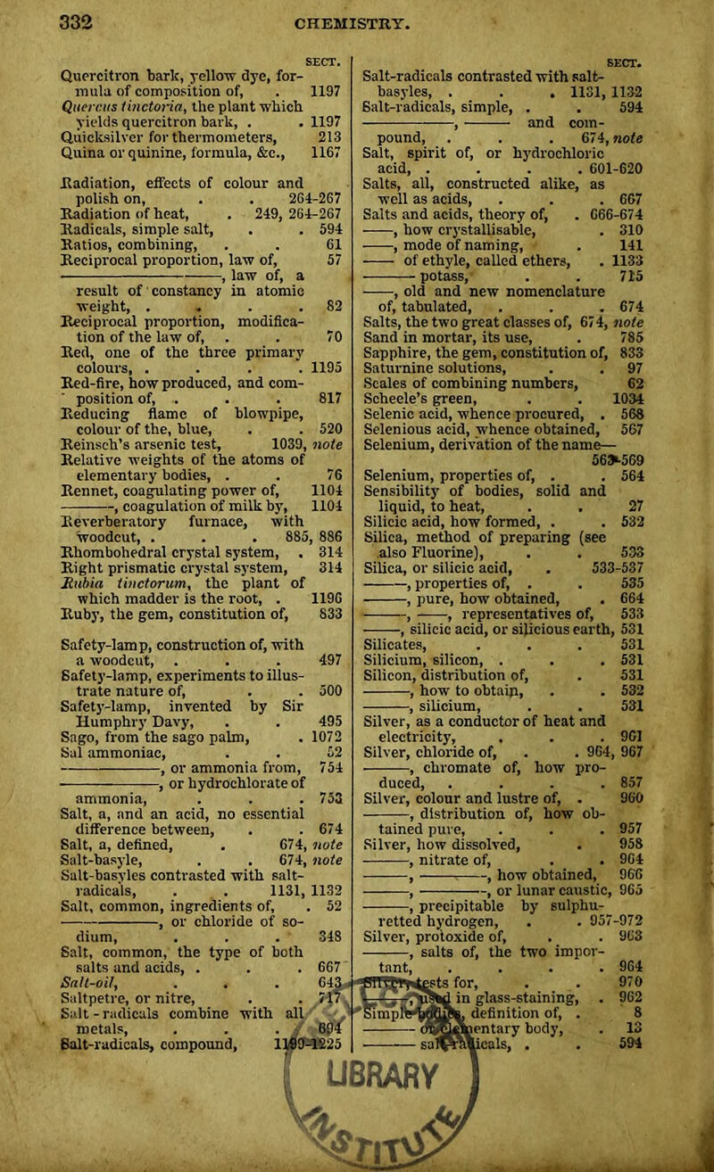 SECT. Quercitron bark, yellow dye, for- mula of composition of, . 1197 Quercia tinctoria, the plant which yields quercitron bark, . . 1197 Quicksilver for thermometers, 213 Quina or quinine, formula, &c., 1167 Radiation, effects of colour and polish on, . . 264-267 Radiation of heat, . 249, 264-267 Radicals, simple salt, Ratios, combining, Reciprocal proportion, law of, -, law of, 594 61 57 82 70 result of1 constancy in atomic weight, .... Reciprocal proportion, modifica- tion of the law of, Red, one of the three primary colours, .... 1195 Red-fire, how produced, and com- position of, . . . 817 Reducing flame of blowpipe, colour of the, blue, . . 520 Reinsch’s arsenic test, 1039, note Relative weights of the atoms of elementary bodies, . . 76 Rennet, coagulating power of, 1104 , coagulation of milk by, 1104 Reverberatory furnace, with woodcut, . . . 885, 886 Rhombohedral crystal system, . 314 Right prismatic crystal system, 314 Eubia tinctorum, the plant of which madder is the root, . 1196 Ruby, the gem, constitution of, 833 497 500 Safety-lamp, construction of, with a woodcut, . Safety-lamp, experiments to illus- trate nature of, Safety-lamp, invented by Sir Humphry Davy, Sago, from the sago palm, Sal ammoniac, — , or ammonia from, , or hydrochlorate of ammonia, . . .752 495 1072 52 754 Salt, a, and an acid, no essential difference between, . .674 Salt, a, defined, . 674, note Salt-basyle, . . 674, note Salt-basyles contrasted with salt- radicals, . . 1131, 1132 Salt, common, ingredients of, . 52 or chloride of so- dium, Salt, common, the type of both salts and acids, . Salt-oil, Saltpetre, or nitre, Salt - radicals combine with all metals, 348 Salt-radicals, compound, Salt-radicals contrasted with salt- basyles, . . . 1131,1132 Salt-radicals, simple, . . 594 , and com- pound, . . . 674, note Salt, spirit of, or hydrochloric acid, .... 601-620 Salts, all, constructed alike, as well as acids, . . . 667 Salts and acids, theory of, . 666-674 , how crystallisable, . 310 , mode of naming, . 141 of ethyle, called ethers, . 1133 potass, . . 715 —, old and new nomenclature of, tabulated, . . . 674 Salts, the two great classes of, 67 4, note Sand in mortar, its use, . 785 Sapphire, the gem, constitution of, 833 97 62 1034 568 567 Saturnine solutions, Scales of combining numbers, Scheele’s green, Selenic acid, whence procured, . Selenious acid, whence obtained, Selenium, derivation of the name— 56»-569 Selenium, properties of, . . 564 Sensibility of bodies, solid and liquid, to heat, . . 27 Silicic acid, how formed, . . 532 Silica, method of preparing (see also Fluorine), . . 533 Silica, or silicic acid, . 533-537 —, properties of, . . 535 , pure, how obtained, . 664 , , representatives of, 533 silicic acid, or silicious earth, 531 Silicates, Silicium, silicon, . Silicon, distribution of, , how to obtaip, -, silicium, 531 531 531 532 531 Silver, as a conductor of heat and electricity, . . . 901 Silver, chloride of, . . 964, 967 chromate of, how pro- duced, Silver, colour and lustre of, . , distribution of, how ob- tained pure, Silver, how dissolved, , nitrate of, -, how obtained, 857 960 957 958 964 96'6 , —, or lunar caustic, 965 , precipitable by sulphu- retted hydrogen, . . 95' Silver, protoxide of, -, salts of, the two impor- 972 963 tant, ists for, in glass-staining, ^ definition of, . entary body, reals, . 964 970 962 8 13 594 i