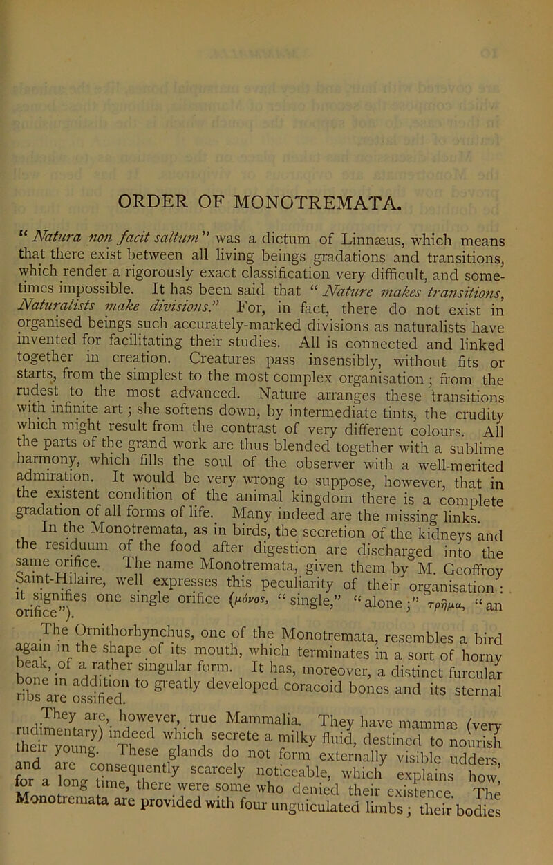 ORDER OF MONOTREMATA. “ Ncitura non facit saltum ” was a dictum of Linnaeus, which means that there exist between all living beings gradations and transitions, which render a rigorously exact classification very difficult, and some- times impossible. It has been said that “ Nature makes transitions, Naturalists make divisions.” For, in fact, there do not exist in organised beings such accurately-marked divisions as naturalists have invented for facilitating their studies. All is connected and linked together in creation. Creatures pass insensibly, without fits or staits, from the simplest to the most complex organisation ■ from the rudest to the most advanced. Nature arranges these transitions with infinite art; she softens down, by intermediate tints, the crudity which might result from the contrast of very different colours All the parts of the grand work are thus blended together with a sublime harmony, which fills the soul of the observer with a well-merited admiration. It would be very wrong to suppose, however, that in the existent condition of the animal kingdom there is a complete gradation of all forms of life. Many indeed are the missing links In the Monotremata, as in birds, the secretion of the kidneys and the residuum of the food after digestion are discharged into the same orifice. The name Monotremata, given them by M. Geoffrov Samt-Hilaire, well expresses this peculiarity of their organisation • orifice ”^eS ^ “single,” “alone;” rP^a, “an The Omithorhynchus, one of the Monotremata, resembles a bird again in the shape of its mouth, which terminates in a sort of horny beak, of a rather singular form. It has, moreover, a distinct furcular ribs are ossifieT ^ ^ 7 devd°ped coracoid b°nes and its sternal They are, however, true Mammalia. They have mammae fverv LirvS 1Th?i'V'i,Ch, Seirete “ 'r’'ilky flllid> ‘'“‘i116'1 t0 tneir young. These glands do not form externally visible udders for a tonCtime’Jr y SCarCdy ?ticeable> 'T,’ich explains howl S ? ’ there were some who denied their existence The Monotremata are provided with four unguiculated limbs; tlreTr bodies