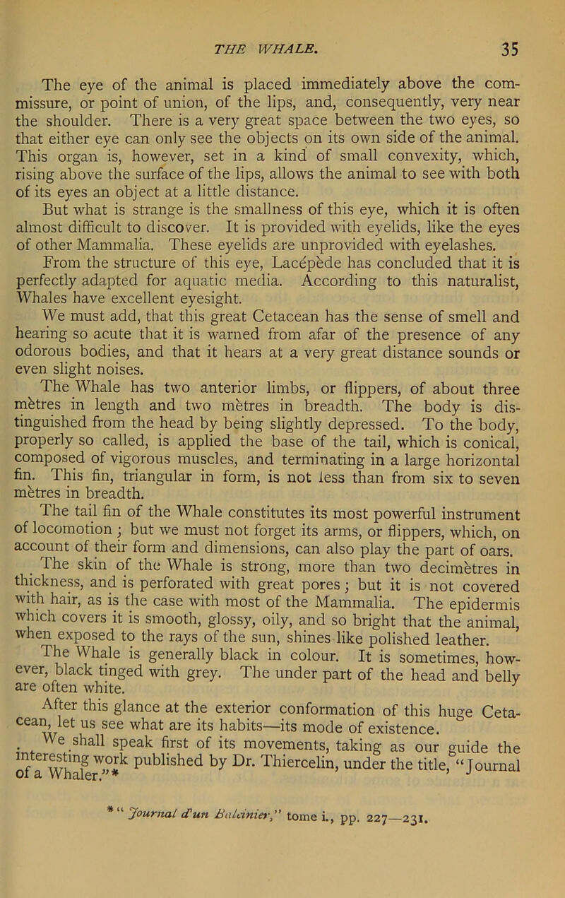 The eye of the animal is placed immediately above the com- missure, or point of union, of the lips, and, consequently, very near the shoulder. There is a very great space between the two eyes, so that either eye can only see the objects on its own side of the animal. This organ is, however, set in a kind of small convexity, which, rising above the surface of the lips, allows the animal to see with both of its eyes an object at a little distance. But what is strange is the smallness of this eye, which it is often almost difficult to discover. It is provided with eyelids, like the eyes of other Mammalia. These eyelids are unprovided with eyelashes. From the structure of this eye, Lace'pede has concluded that it is perfectly adapted for aquatic media. According to this naturalist, Whales have excellent eyesight. We must add, that this great Cetacean has the sense of smell and hearing so acute that it is warned from afar of the presence of any odorous bodies, and that it hears at a very great distance sounds or even slight noises. The Whale has two anterior limbs, or flippers, of about three mhtres in length and two metres in breadth. The body is dis- tinguished from the head by being slightly depressed. To the body, properly so called, is applied the base of the tail, which is conical, composed of vigorous muscles, and terminating in a large horizontal fin. This fin, triangular in form, is not less than from six to seven metres in breadth. The tail fin of the Whale constitutes its most powerful instrument of locomotion ; but we must not forget its arms, or flippers, which, on account of their form and dimensions, can also play the part of oars. The skin of the Whale is strong, more than two decimetres in thickness, and is perforated with great pores; but it is not covered with hair, as is the case with most of the Mammalia. The epidermis which covers it is smooth, glossy, oily, and so bright that the animal, when exposed to the rays of the sun, shines like polished leather. The Whale is generally black in colour. It is sometimes, how- ever, black tinged with grey. The under part of the head and belly are often white. After this glance at the exterior conformation of this huge Ceta- cean, let us see what are its habits—its mode of existence. . . We ,sha11 sPeak first of its movements, taking as our guide the 0?rwhakr°*k published by Dr> Thiercelin> under the title, “Journal Journal cTun Balaniertome i., pp. 227—231.