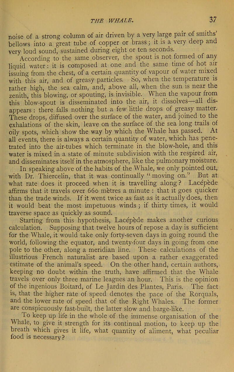 noise of a strong column of air driven by a very large pair of smiths bellows into a great tube of copper or brass; it is a very deep and very loud sound, sustained during eight or ten seconds. According to the same observer, the spout is not formed of any liquid water: it is composed at one and the same time of hot air issuing from the chest, of a certain quantity of vapour of water mixed with this air, and of greasy particles. So, when the temperature is rather high, the sea calm, and, above all, when the sun is near the zenith, this blowing, or spouting, is invisible. When the vapour from this blow-spout is disseminated into the air, it dissolves—all dis- appears : there falls nothing but a few little drops of greasy matter. These drops, diffused over the surface of the water, and joined to the exhalations of the skin, leave on the surface of the sea long trails of oily spots, which show the way by which the Whale has passed. At all events, there is always a certain quantity of water, which has pene- trated into the air-tubes which terminate in the blow-hole, and this water is mixed in a state of minute subdivision with the respired air, and disseminates itself in the atmosphere, like the pulmonary moisture. In speaking above of the habits of the Whale, we only pointed out, with Dr. Thiercelin, that it was continually “ moving on.” But at what rate does it proceed when it is travelling along ? Lacdpkde affirms that it travels over 660 metres a minute : that it goes quicker than the trade winds. If it went twice as fast as it actually does, then it would beat the most impetuous winds ; if thirty times, it would traverse space as quickly as sound. Starting from this hypothesis, Lacdphde makes another curious calculation. Supposing that twelve hours of repose a day is sufficient for the Whale, it would take only forty-seven days in going round the world, following the equator, and twenty-four days in going from one pole to the other, along a meridian line. These calculations of the illustrious French naturalist are based upon a rather exaggerated estimate of the animal’s speed. On the other hand, certain authors, keeping no doubt within the truth, have affirmed that the Whale travels over only three marine leagues an hour. This is the opinion of the ingenious Boitard, of Le Jardin des Plantes, Paris. The fact is, that the higher rate of speed denotes the pace of the Rorquals, and the lower rate of speed that of the Right Whales. The former are conspicuously fast-built, the latter slow and barge-like. To keep up life in the whole of the immense organisation of the Whale, to give it strength for its continual motion, to keep up the breath which gives it life, what quantity of aliment, what peculiar food is necessary?