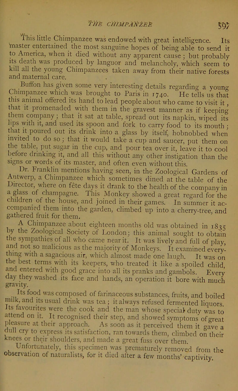 1 his little Chimpanzee was endowed with great intelligence. Its master entertained the most sanguine hopes of being able to send it to America, when it died without any apparent cause; but probably its death was produced by languor and melancholy, which seem to kill all the young Chimpanzees taken away from their native forests and maternal care. Buffon has given some very interesting details regarding a young Chimpanzee which was brought to Paris in 1740. He tells us that this animal offered its hand to lead people about who came to visit it, that it promenaded with them in the gravest manner as if keeping them company ; that it sat at table, spread out its napkin, wiped its lips with it, and used its spoon and fork to carry food to its mouth • that it poured out its drink into a glass by itself, hobnobbed when invited to do so; that it would take a cup and saucer, put them on the table, put sugar in the cup, and pour tea over it, leave it to cool before drinking it, and all this without any other instigation than the signs or words of its master, and often even without this. Dr. Franklin mentions having seen, in the Zoological Gardens of Antwerp, a Chimpanzee which sometimes dined at the table of the Director, where on fete days it drank to the health of the company in a glass of champagne. This Monkey showed a great regard for the children of the house, and joined in their games. In summer it ac- companied them into the garden, climbed up into a cherry-tree and gathered fruit for them. A Chimpanzee about eighteen months old was obtained in 183 c by the Zoological Society of London; this animal sought to obtain the sympathies of all who came near it. It was lively and full of play and not so malicious as the majority of Monkeys. It examined every- thing with a sagacious air, which almost made one laugh. It was on the best terms with its keepers, who treated it like a spoiled child and entered with good grace into all its pranks and gambols. Every day they washed its face and hands, an operation it bore with much gravity. Its food was composed of farinaceous substances, fruits, and boiled milk, and its usual drink was tea; it always refused fermented liquors Its favourites were the cook and the man whose special duty was to attend on it. It recognised their step, and showed symptoms of great pleasure at their approach. As soon as it perceived them it gave a dull cry to express its satisfaction, ran towards them, climbed on their knees or their shoulders, and made a great fuss over them. Unfortunately, this specimen was prematurely removed from the observation of naturalists, for it died after a few months’ captivity.
