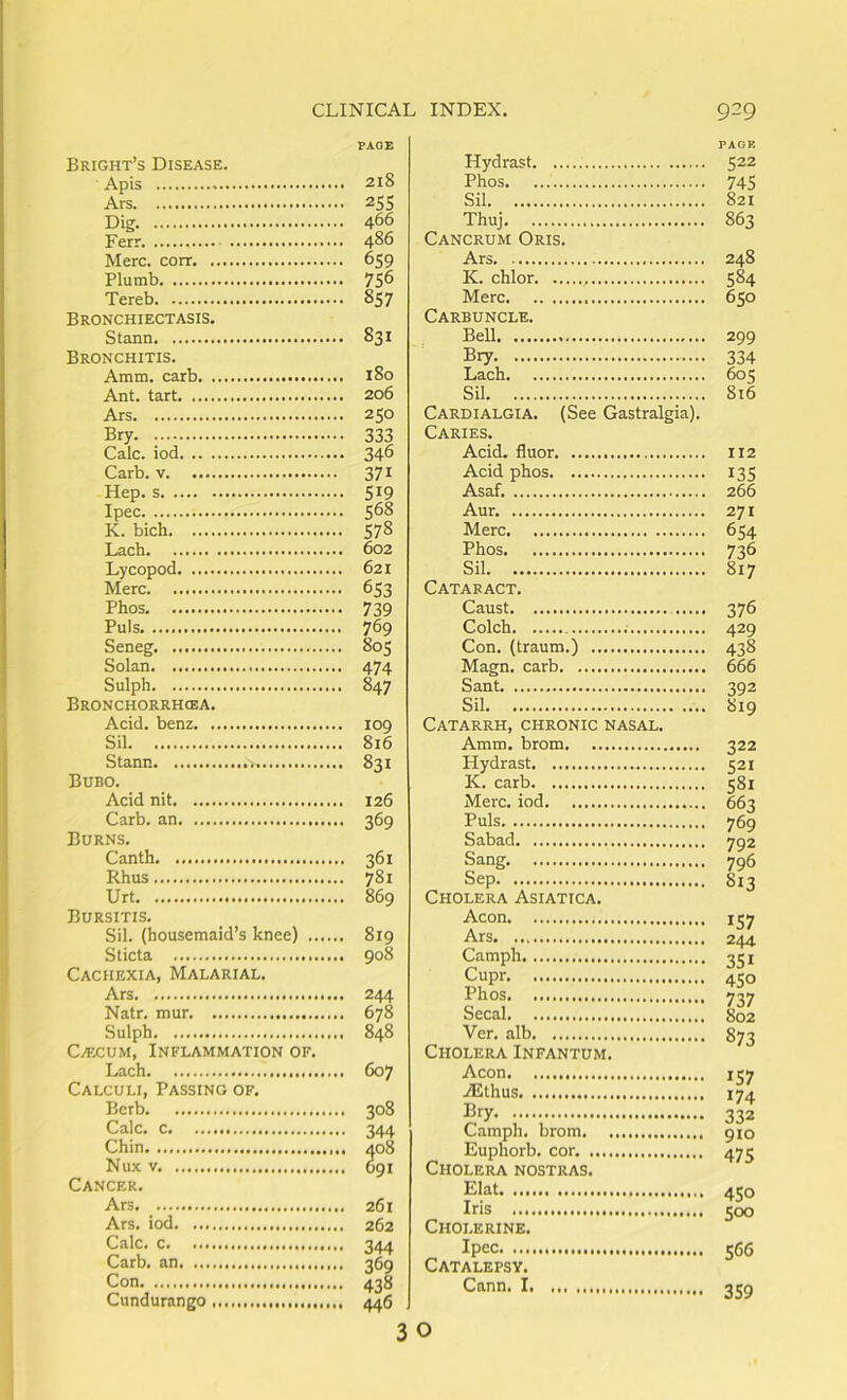 PAGE Bright’s Disease. Apis Ars Dig. Ferr Merc, corr Plumb Tereb . 857 Bronchiectasis. Stann . 831 Bronchitis. Amm. carb Ant. tart Ars Bry • 333 Calc, iod • 346 Carb. 371 Hep. s Ipec . 568 K. bich . 578 Lycopod . 621 Merc • 653 Phos • 739 Puls • 769 Seneg . 80s Solan ■ 474 Sulph • 847 Bronchorrhcea. Acid, benz . 109 Sil . 816 Stann . 831 Bubo. Acid nit Carb. an Burns. Canth Rhus . 781 Urt Bursitis. Sil. (housemaid’s knee) Sticta Cachexia, Malarial, Natr. mur Sulph CiEcuM, Inflammation of. Lach Calculi, Passing of. Berb Calc, c Chin Nny V hriT Cancer. Ars Ars, iod Calc, c Carb. an Con Cundurango Hydrast Phos Sil Thuj Cancrum Oris. Ars K. chlor Merc Carbuncle. Bell Bry Lach Sil Cardialgia. (See Gastralgia). Caries. Acid, fluor Acid phos Asaf. Aur. Merc Phos Sil Cataract. Caust Colch Con. (traum.) Magn. carb Sant Sil Catarrh, chronic nasal. Amm. brom Hydrast K. carb Merc, iod Puls Sabad Sang. Sep Cholera Asiatica. Aeon Ars Camph Cupr Phos Secal Ver. alb Cholera Infantum. Aeon ASthus Bry Catnph. brom Euphorb. cor. Cholera nostras. Elat Iris Cholerine. Ipec Catalepsy. Cann. I 3 O PAGE 522 745 821 863 248 584 650 299 334 605 816 112 13s 266 271 654 736 817 376 429 438 666 392 819 322 521 581 663 769 792 796 813 157 244 351 450 873 157 174 332 910 475 450 500 566 359