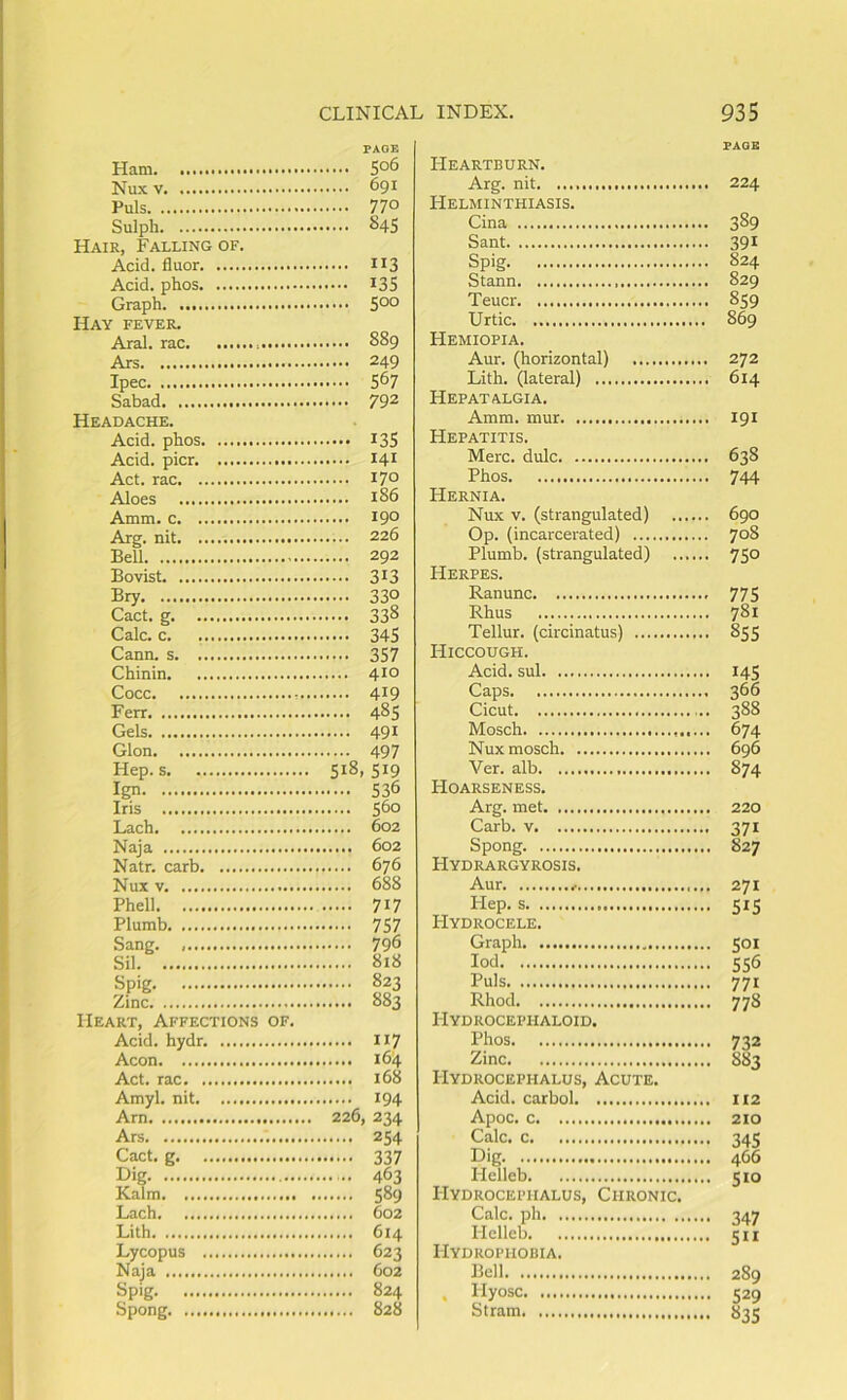 Ham Nux V Puls Sulph Hair, Falling of. Acid, fluor Acid, phos Graph Hay fever. Aral, rac Ars Ipec Sabad Headache. Acid, phos Acid, pier Act. rac Aloes Amm. c Arg. nit Bell Bovist Bry Cact. g. Calc, c Cann. s Chinin Cocc Ferr Gels Glon Hep. s Ign Iris Lach Naja Natr. carb Nux V Phell Plumb Sang Sil Spig Zinc Heart, Affections of. Acid. hydr. Aeon Act. rac Amyl, nit Arn Ars Cact, g Dig Kalm Lach Lith Lycopus Naja Spig Spong PAGE i;o6 691 770 84s 113 13s 500 889 249 567 792 13s 141 170 186 190 226 292 313 330 338 345 357 410 .... 419 .... 485 .... 491 .... 497 518, 519 .... 536 .... 560 .... 602 .... 602 .... 676 .... 688 717 757 796 818 823 883 .... 117 .... 164 .... 168 .... 194 226, 234 .... 254 • 337 ... 463 .... 589 .... 602 .... 614 .... 623 .... 602 .... 824 .... 828 I-Ieartburn. Arg. nit Helminthiasis. Cina Sant Spig Stann Teucr Urtic Hemiopia. Aur. (horizontal) Lith. (lateral) Hepatalgia. Amm. mur Hepatitis. Merc, dulc Phos Hernia. Nux V, (strangulated) Op. (incarcerated) Plumb, (strangulated) Herpes. Ranunc Rhus Tellur, (circinatus) Hiccough. Acid, sul Caps Cicut Mosch Nux mosch Ver. alb Hoarseness. Arg. met Carb. V Spong Hydrargyrosis. Aur Plep. s PIydrocele. Graph lod Puls Rhod Hydrocephaloid. Phos Zinc Hydrocephalus, Acute. Acid, carbol Apoc. c Calc, c Dig Helleb Hydrocephalus, Chronic. Calc, ph Helleb Hydrophobia. Bell , Hyosc St ram PAGE 224 389 391 824 829 859 869 272 614 191 638 744 690 708 750 781 855 145 366 388 674 696 874 220 371 827 271 5^5 501 556 771 778 732 883 112 210 345 466 510 347 511 289 529 835