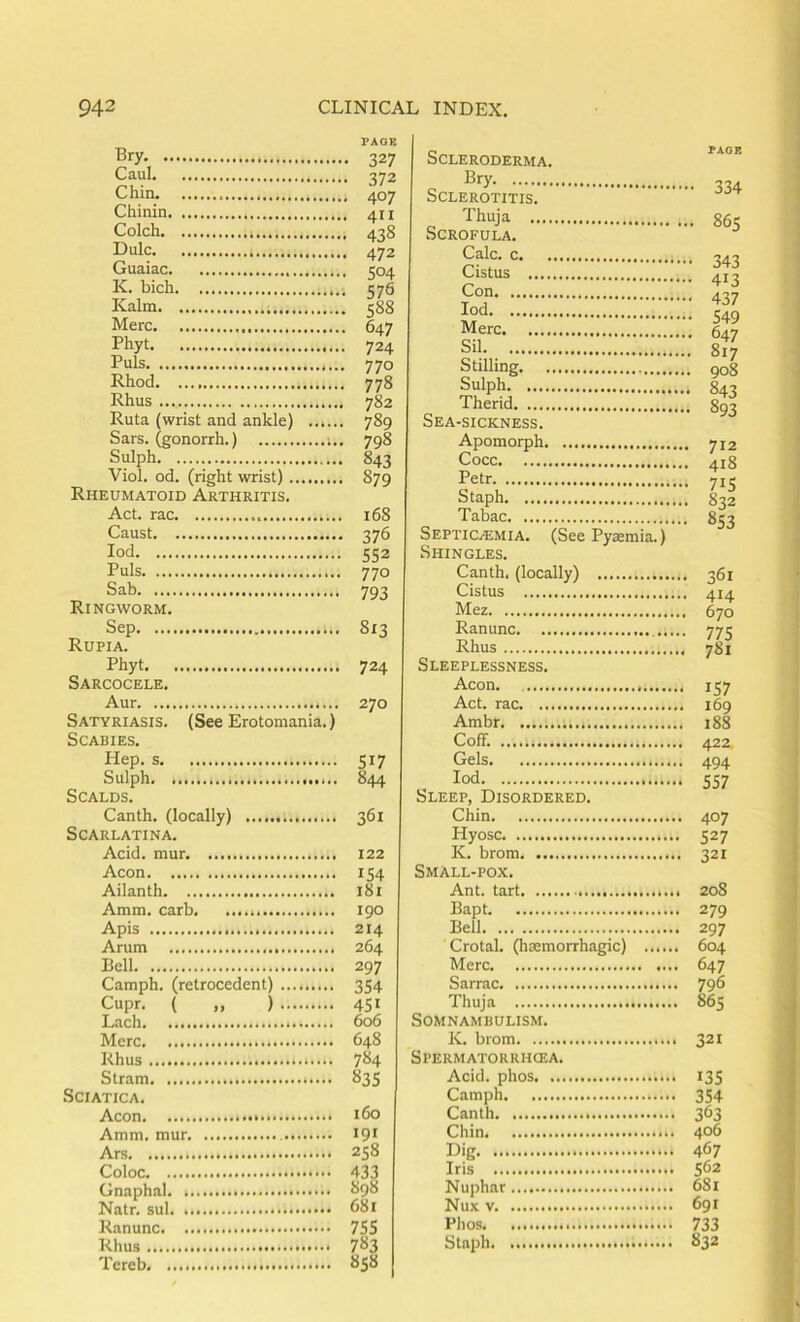 Bry. Caul Chin Chinin Colch Dulc Guaiac K. bich Kalm Merc Phyt Puls Rhod Rhus Ruta (wrist and ankle) Sars. (gonorrh.) -.. Sulph Viol. od. (right wrist) Rheumatoid Arthritis. Act. rac Caust lod Puls Sab Ringworm. Sep Rupia. Phyt Sarcocele. Aur Satyriasis. (See Erotomania.) Scabies. Hep. s Sulph Scalds. Canth. (locally) Scarlatina. Acid. mur. Aeon Ailanth Amm. carb Apis Arum Bell Camph. (retrocedent) Cupr. ( „ ) Lach Mere Rhus Stram Sciatica. Aeon Amm. mur Ars Coloc Gnaphal Natr. sul Ranunc Rhus Tcreb Scleroderma. Brv. PAGE Sclerotitis, Thuja g6i- Scrofula. Cistus T j 43/ Merc Sil Stilling Sulph Therid Sea-sickness. Apomorph Cocc Petr Zir- Staph Tabac Septic.(EMIa. (See Pyaemia.) Shingles. Canth. (locally) Cistus • 853 Mez Ranunc . 670 Rhus Sleeplessness. Aeon * / / D . 781 Act. rac Ambr . 169 . 188 Coff. 42Z Gels 494 Sleep, Disordered. Chin Hyosc K. brom Small-pox. Ant. tart .... 407 .... 527 Bell .... 297 Crotal. (haemorrhagic) ... Merc Sarrac ... 796 Thuja Somnambulism. K. brom Spermatorrhoea. Acid, phos Camph Canth Chin Dig Iris Nuphar Nux Phos I Staph PAGE ' 327 372 407 411 438 472 504 576 588 647 724 770 778 782 789 798 843 879 168 376 552 770 793 813 724 270 517 844 361 122 154 181 190 214 264 297 354 451 606 648 784 835 160 191 258 433 898 68i 755 783 858