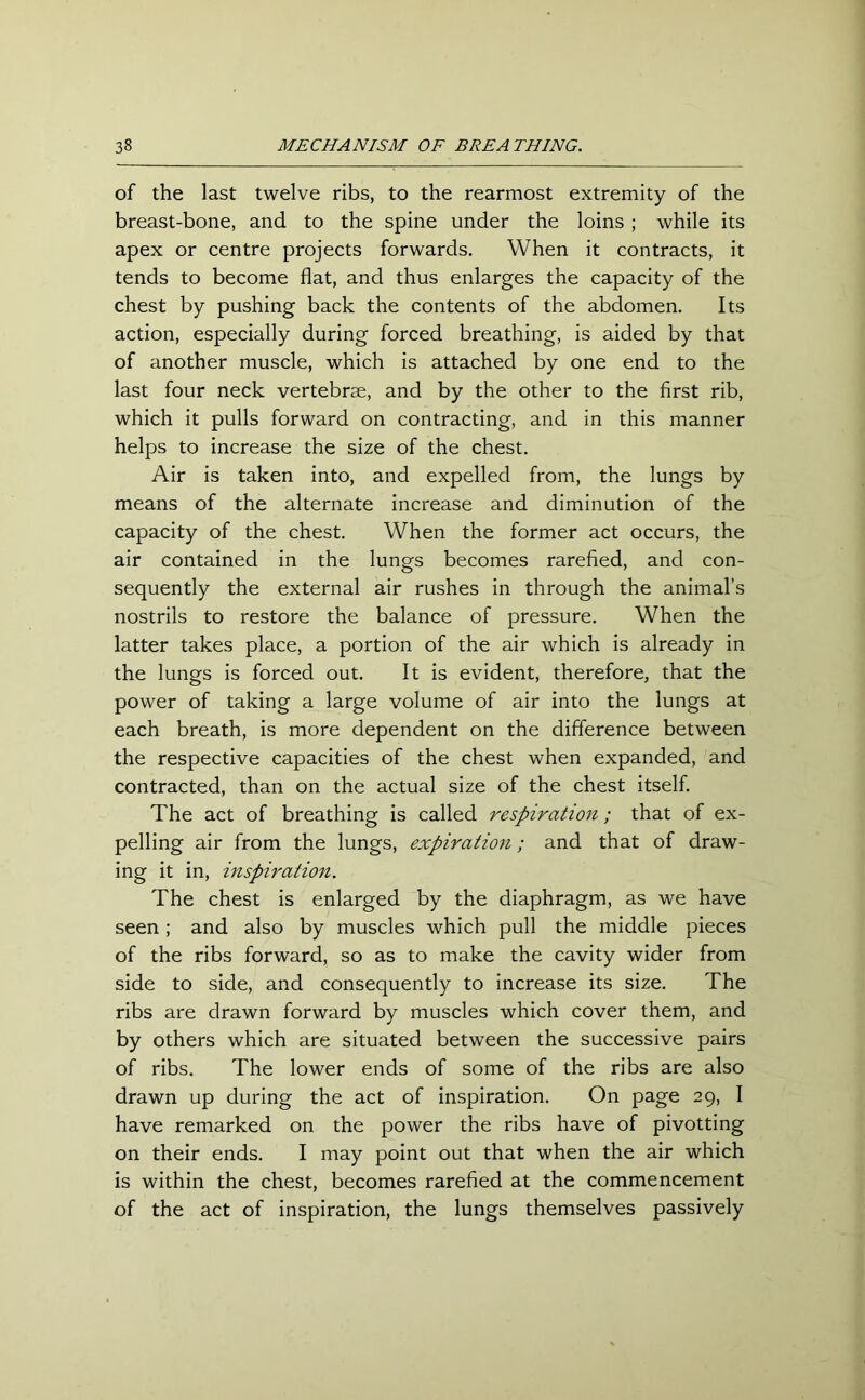 of the last twelve ribs, to the rearmost extremity of the breast-bone, and to the spine under the loins ; while its apex or centre projects forwards. When it contracts, it tends to become flat, and thus enlarges the capacity of the chest by pushing back the contents of the abdomen. Its action, especially during forced breathing, is aided by that of another muscle, which is attached by one end to the last four neck vertebrae, and by the other to the first rib, which it pulls forward on contracting, and in this manner helps to increase the size of the chest. Air is taken into, and expelled from, the lungs by means of the alternate increase and diminution of the capacity of the chest. When the former act occurs, the air contained in the lungs becomes rarefied, and con- sequently the external air rushes in through the animal’s nostrils to restore the balance of pressure. When the latter takes place, a portion of the air which is already in the lungs is forced out. It is evident, therefore, that the power of taking a large volume of air into the lungs at each breath, is more dependent on the difference between the respective capacities of the chest when expanded, and contracted, than on the actual size of the chest itself. The act of breathing is called respiration; that of ex- pelling air from the lungs, expiration; and that of draw- ing it in, inspiration. The chest is enlarged by the diaphragm, as we have seen; and also by muscles which pull the middle pieces of the ribs forward, so as to make the cavity wider from side to side, and consequently to increase its size. The ribs are drawn forward by muscles which cover them, and by others which are situated between the successive pairs of ribs. The lower ends of some of the ribs are also drawn up during the act of inspiration. On page 29, I have remarked on the power the ribs have of pivotting on their ends. I may point out that when the air which is within the chest, becomes rarefied at the commencement of the act of inspiration, the lungs themselves passively