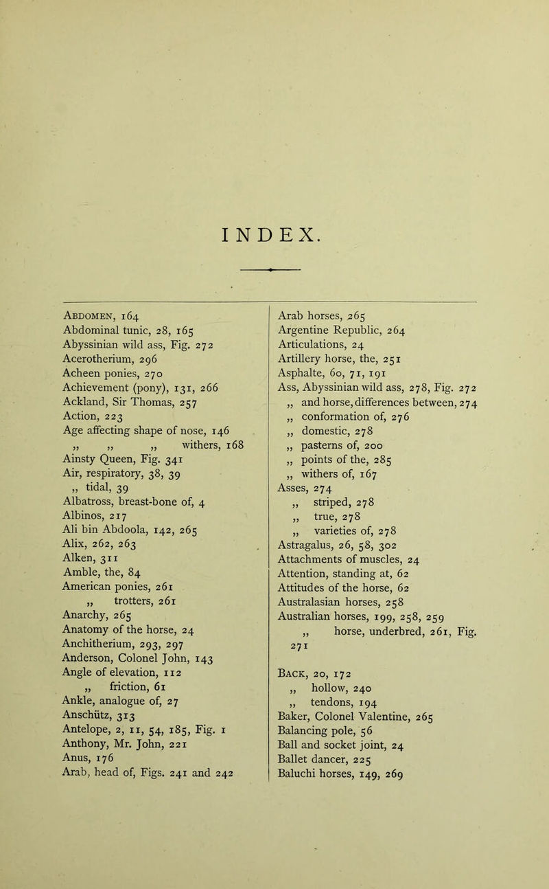INDEX. Abdomen, 164 Abdominal tunic, 28, 165 Abyssinian wild ass, Fig. 272 Acerotherium, 296 Acheen ponies, 270 Achievement (pony), 131, 266 Ackland, Sir Thomas, 257 Action, 223 Age affecting shape of nose, 146 „ ,, ,, withers, 168 Ainsty Queen, Fig. 341 Air, respiratory, 38, 39 „ tidal, 39 Albatross, breast-bone of, 4 Albinos, 217 Ali bin Abdoola, 142, 265 Alix, 262, 263 Aiken, 311 Amble, the, 84 American ponies, 261 „ trotters, 261 Anarchy, 265 Anatomy of the horse, 24 Anchitherium, 293, 297 Anderson, Colonel John, 143 Angle of elevation, 112 „ friction, 61 Ankle, analogue of, 27 Anschutz, 313 Antelope, 2, 11, 54, 185, Fig. r Anthony, Mr. John, 221 Anus, 176 Arab, head of, Figs. 241 and 242 Arab horses, 265 Argentine Republic, 264 Articulations, 24 Artillery horse, the, 251 Asphalte, 60, 71, 191 Ass, Abyssinian wild ass, 278, Fig. 272 „ and horse, differences between, 274 „ conformation of, 276 „ domestic, 278 „ pasterns of, 200 „ points of the, 285 „ withers of, 167 Asses, 274 „ striped, 278 „ true, 278 „ varieties of, 278 Astragalus, 26, 58, 302 Attachments of muscles, 24 Attention, standing at, 62 Attitudes of the horse, 62 Australasian horses, 258 Australian horses, 199, 258, 259 ,, horse, underbred, 261, Fig. 271 Back, 20, 172 ,, hollow, 240 ,, tendons, 194 Baker, Colonel Valentine, 265 Balancing pole, 56 Ball and socket joint, 24 Ballet dancer, 225 Baluchi horses, 149, 269