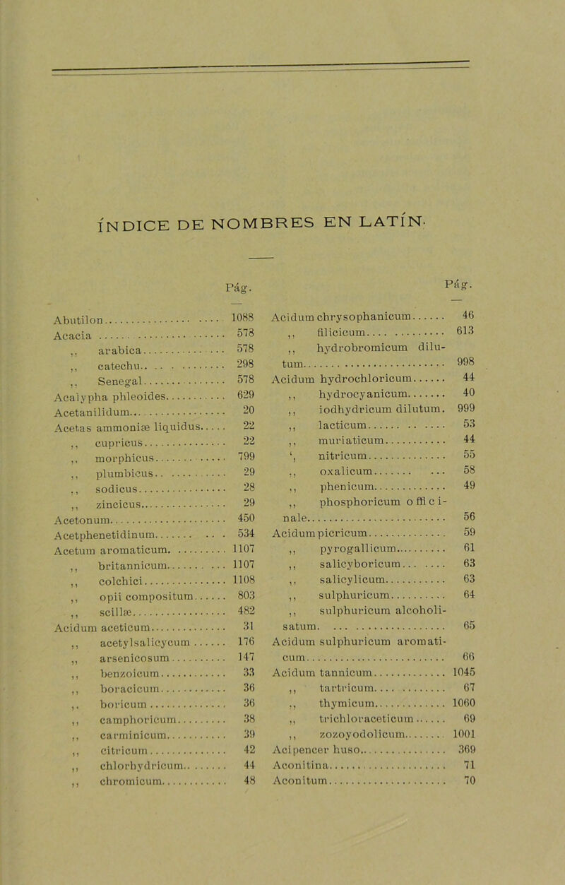 ÍNDICE DE NOMBRES EN LATIN- Pág. Abutilón 1088 Acacia 578 ,, arabica 578 ,, catechu 298 Senegal 578 Acalypha phleoides 629 Acetanilidum 20 Acetas ammonise liquidus, ,, cupricus 22 morphicus 799 ,, plúmbicas 29 ,, sodicus 28 ,, zincicus 29 Acetonum 450 Acetphenetidinum 534 Acetum aromaticum 1107 ,, britannicum 1107 ,, colchici 1108 ,, opii corapositura 803 ,, scillffi 482 Acidum aceticum 31 ,, acetylsalicycum 176 ,, arsenicosum 147 ,, benzoicum 33 ,, boracicum 36 boricum 36 ,, camphoricum 38 ,, carminicum 39 ,, citricum 42 ,, chlorbydricum 44 ,, chromicum 48 Pág. Acidum chrysophanicura 46 ,, filicicum 613 ,, hydrobromicum dilu- tum 998 Acidum hydrochloricum 44 ,, hydrocyanicum 40 ,, iodhydricum dilutum. 999 ,, lacticum 53 ,, muriaticum 44 nitricum 55 ,, oxalicum 58 phenicum 49 ,, phosphoricum o íRcí- ñale 56 Acidum picricum 59 )! pyrogallicum 61 ,, salicyboricum 63 ,, salicylicum 63 ,, sulphuricum 64 ,, sulphuricum alcoholi- satum 65 Acidum sulphuricum aromati- cum 66 Acidum tannicum 1045 ,, tartricum 67 ,, thymicum 1060 ,, trichloraceticum 69 ,, zozoyodolicum 1001 Acipencer huso 369 Aconitina 71 Aconitum 70