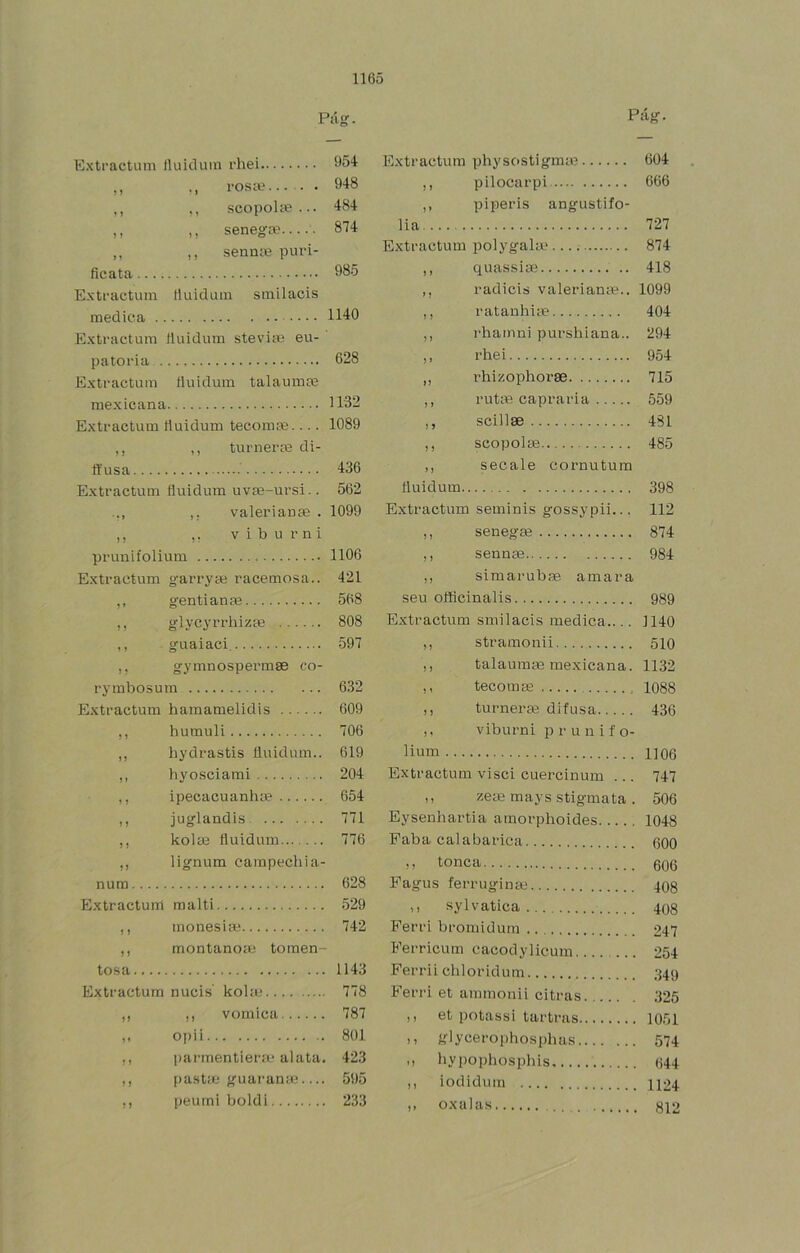Páí?. Extractum Iluicluin rhei 954 ,, roste.... . 948 ,, scopolas... 484 ,, ,, senega? 874 ,, ,, senníe puri- ficata 985 Extractum Huidum smilacis medica 1140 E.xtractum ñuidum stevim eu- patoria 628 Extractum fluidum talaumm mexicana i 132 Extractum Huidum tecornte.... 1089 ,, ,, turnerte di- ft'usa 436 Extractum physostigmie 604 ,, pilocarpi 666 ,, piperis angustifo- lia 727 E.xtractum polygala? 874 ,, quassiae 418 radicis valeriante.. 1099 ratauhite 404 rhamni purshiana.. 294 rhei 954 rhizophorse 715 rutm capraria 559 scillse 431 scopolte 485 secale cornutum i 1 ? 5 5 } } J E.xtractum fluidum uvte-ursi.. 562 fluidum 398 ,, valeriana . 1099 Extractum seminis gossypii... 112 ,, ,, V i b u r n i ,, senegte 874 1106 ,, sennae 984 Extractum garryte racemosa.. 421 ,, simarubñe amara ,, gentianse 568 seu oíiicinalis 989 ,, glycyrrhizíB 808 Extractum smilacis medica.... 1140 ,, guaiaci. ,, stramonii 510 ,, gymnospermse co- ,, talaumte me.xicana. 1132 rymbosum 632 ,, tecomte 1088 E.xtractum hamamelidis 609 ,, turneras difusa 436 humuli 706 viburni p r u n i f o- ,, bydrastis fluidum.. 619 lium 1106 ,, hyosciami 204 Extractum visci cuercinum ... 747 ,, ipecacuanhie 654 ,, zete mays stigmata . 506 ,, juglandis 771 Eysenhartia amorphoides.... 1048 ,, kolm fluidum 776 Paba cal abarica 600 ,, lignum campecbia- ,, tonca 606 nura 628 Fasrus ferruginte 408 408 E.xtractum malti 529 ,) sylv atica ,, inonesise 742 Ferri bromidum 247 ,, montanoíB tomen- Ferricum cacodylicum 254 tosa 1143 Ferrii chloridum 349 Extractum nucis kobe 778 Ferri et ammonii citras 325 ,, ,, vómica 787 6t potílssi turtríis 1051 1. opii 801 ,, glycerophospbas 574 ,, ¡¡armentiera* alata. 423 ,, bypophospbis 644 ,, pastcC guárante — 595 ,, iodidum 1124 ,, i)eumi boldi 233 ,, oxulas 812