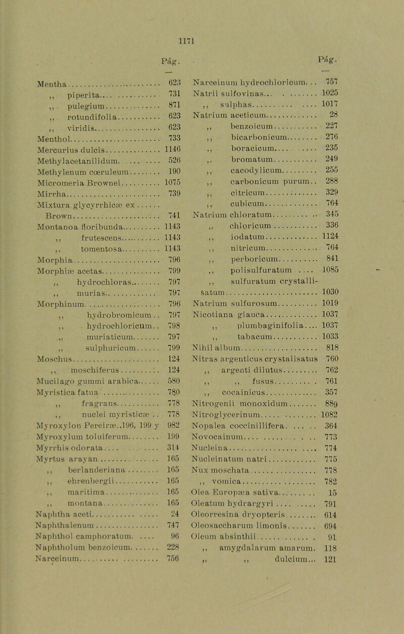 Mentha ,, piperita ,, pulegium ,, rotundifolia ,, viridis Menthol Mercurius dulcís Methylacetanilidum Methylenum coeruleum Micromeria Brownei Mirrha Mixtura glycyrrhicse ex Brown Montanoa floribunda ,, frutescens ,, tomentosa Morphia Morphise acetas ,, hydrochloras ,, murías Morphinum ,, hydrobromicum .. ,, hydrochloricum.. ,, muriaticum ,, sulphuricum...... Moschus ,, moschiferus Mucilago gummi arabica Myristica fatua ,, fragrans ,, nuclei myristicse .. Myroxylon Pe re ir se..196, 199 y Myroxylum toluiferum Myrrhis odorata Myrtus arayan ,, berlanderiana ,, ehrenbergii ,, marítima ,, montana Naphtha aceti Naphthalenum Napbthol camphoratum Naphtholum benzoicum Narceinum * Pag. Narceinum liydrochlorioum. .. 757 Natrii sulfovinas 1025 ,, sulphas 1017 Natrium aceticum 28 ,, benzoicum 227 ,, bicarbonicum 276 boracicum 235 bromatum 249 ,, cacodylicum 255 ,, carbonicum purum.. 288 ,, citricum.... i 329 ,, cubicum 764 Natrium chloratum 345 ,, chlpricum 336 ,, iodatum 1124 ,, nitricum 764 ,, perboricum 841 ,, polisulfuratum . ... 1085 ,, sulfuratum crystalli- Satum 1030 Natrium sulfurosum 1019 Nicotiana glauca 1037 ,, plumbaginifolia.... 1037 ,, tabacum 1033 Nihil álbum 818 Nitras ai'genticus crystalisatus 760 ,, argenti dilutus 762 ,, ,, fusus 761 ,, cocainicus 357 Nitrogenii monoxidum 889 Nitroglycerinum 1082 Nopalea coccinillifera 364 Novocainum 773 Nucleína 774 Nucleinatum natri 775 Nux moschata 778 ,, vómica 782 Olea Europsea sativa 15 Oleatum hydrargyri 791 Oleorresina dryopteris 614 Oleosaccharum limonis 694 Oleum absinthii 91 amygdalarum amarum. 118 ,, dulcium... 121 Pág. 623 731 871 623 623 733 1146 526 190 1075 739 741 1143 1143 1143 796 799 797 797 796 797 798 797 799 124 124 580 78.0 778 778 982 199 314 165 165 165 165 165 24 747 96 228 756