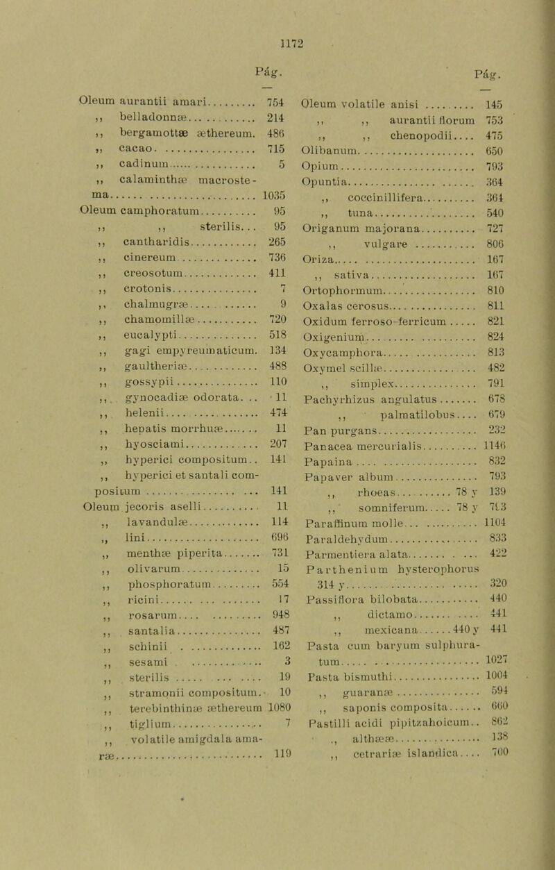 Pág. Oleum aurantii amari 754 J ) belladonnse 214 5 } bergamottee aethereum. 486 9) cacao 715 } > cadinuin 5 if ma. calaminthae macroste- 1035 Oleum camphoratum 95 ) > ,, sterilis. .. 95 M cantharidis 265 n cinereum 736 í f creosotum 411 fi crotonis 7 ) * chalmugrae 9 f} chamomillae 720 >} eucalypti 518 >} gagi empyreumaticum. 134 ff gaultheriae 488 ) i gossvpii lio ) 9 » , gynocadise odorata. .. •11 J ) helenii 474 } 9 hepatis morrhuae..... .. 11 J > hyosciami 207 1» hyperici compositum.. 141 ,, hyperici et santal! com- posiiura 141 Oleum jecoris aselli 11 J1 lavandulse 114 ff lini 696 9* menthíe piperita 731 9 9 olivarum 15 9 9 phosphoratum 554 99 ricini 17 9 9 rosarum 948 9 9 santalia 487 9 9 schinii 162 9 9 sesami 3 9 9 sterilis 19 99 stramonii compositum. • 10 9 9 terebintliiníB íEthereum 1080 9 9 tiglium 7 9 9 ríe volatile amígdala ama- 119 Pág. Oleum volatüe anisi 145 ,, ,, aurantii florum 753 ,, ,, clienopodii..,. 475 Olibanum 650 Opium 793 Opuntia 364 ,, coccinillifera 364 ,, tuna 540 Origanum majorana 727 ,, vulgare 806 Oriza 167 ,, sativa 167 Ortophormum 810 Oxalas cerosas 811 Oxidum ferroso-ferricum 821 Oxigeniurn 824 Oxycamphora 813 Oxymel scilhe ... 482 ,, simplex 791 Pachyrhizus angulatus 678 ,, palraatilobus 679 Pan purgans 232 Panacea mercurialis 1146 Papaina 832 Papaver álbum 793 ,, rhoeas 78 y 139 ,, somnifei’ura 78 y 713 Paraffinum molle 1104 Paraldehydum 833 Parmentiera alata 422 Partheniuin hysterophorus 314 y 320 Passiílora bilobata 440 ,, díctamo 441 ,, mexicana 440 y 441 Pasta cum baryum sulpbura- tum 1027 Pasta bismutlii 1004 ,, guaranae 594 ,, saponis composita 660 Pastilli acidi pipitzahoicum.. 862 ., althíeaj 158 ,, cetrarife islándica.... 700