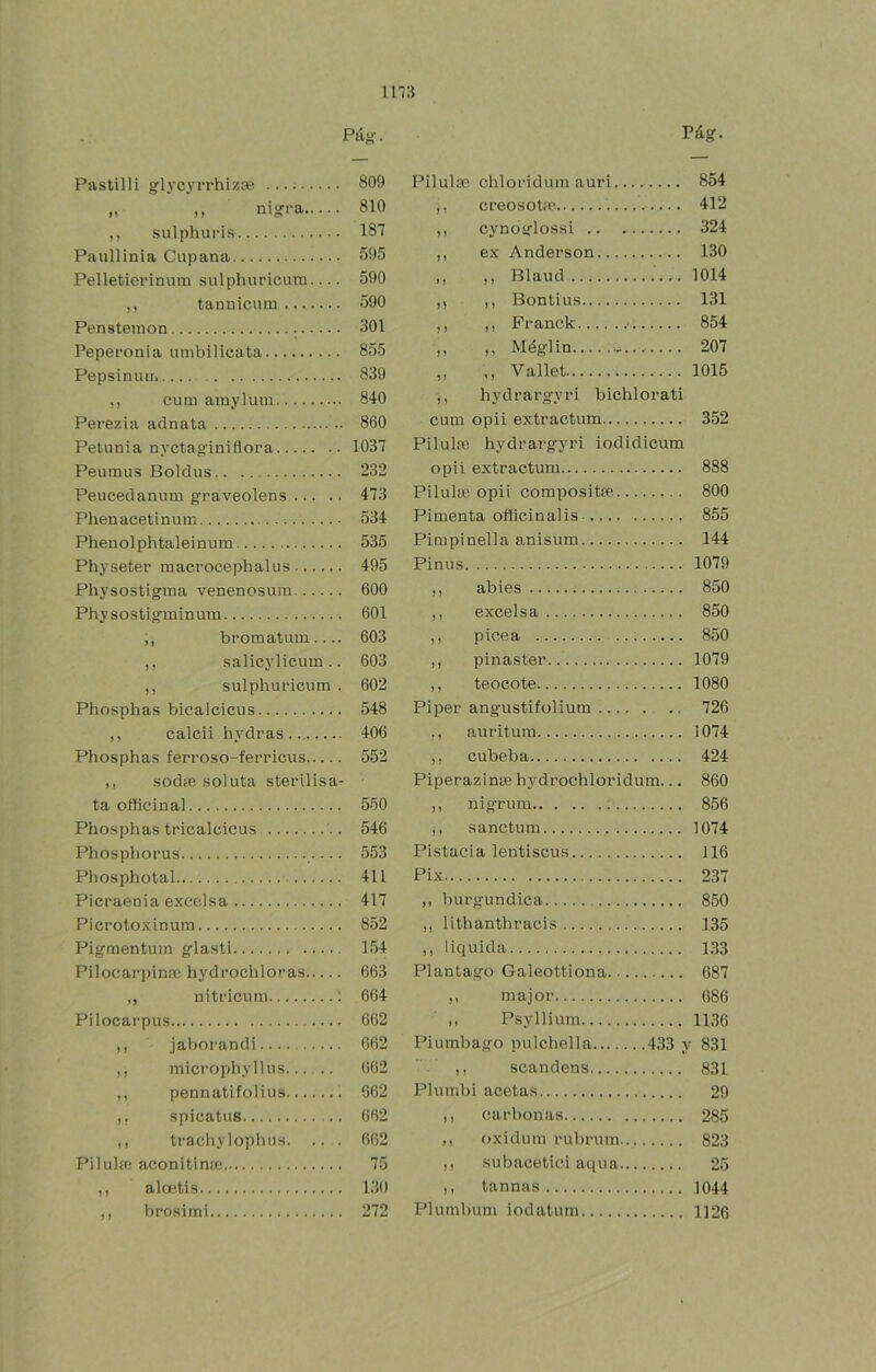 Páu-. Pastilli glycyrrhizas 809 „ ,, nigra 810 ,, sulphui-is 187 Paullinia Cupana 595 Pelletierinum sulphuricura 590 ,, tannicum 590 Pensteinon 301 Peperonia umbilicata 855 Pepsinuii. 839 ,, cum amylum 840 Perezia adnata 860 Petunia nyctaginiflora 1037 Peumus Boldus 232 Peucedanum graveolens 473 Phenacetinum 534 Phenolphtaleinum 535 Physeter macrocephalus 495 Physostigma venenosum 600 Physostigininum 601 ,, broraatum— 603 ,, salicylicum .. 603 ,, sulphuricum . 602 Phosphas bicaleicus 548 ,, calcii hydras 406 Phosphas ferroso-ferricus 552 ,, sodfe soluta sterilisa- ta oflicinal 550 Phosphas tricalcicus 546 Phosphorus 553 Pbosphotal 411 Picraenia excelsa 417 Picrotoxinum 852 Pigraentuin glasti 154 Pilocarpina; hydrochloras 663 ,, nitricurn ; 664 Pilocarpus 662 ,, jaborandi 662 ,, microphyllus 662 ,, pennatifolius 662 ,, spicatus 662 ,, trachylopbus. .. . 662 Pilulíc aconitiníc 75 ,, aloetis 130 ,, brosimi 272 Pág. Pilulae chloridum auri 854 ,, creosota'.... 412 ,, cynoíflossi 324 ,, ex Anderson 130 ,, ,, Blaud 1014 ,, ,, Bontius 131 ,, ,, Franck 854 ,, ,, Méglin 207 ,, ,, Vallet 1015 i, hydrargyri bichlorati cum opii extractum 352 Pilulrc hydrargyri iodidicum opii extractum 888 Pilulpe opii compositse 800 Pimenta offlcinalis 855 Pimpinella anisum 144 Pinus 1079 ,, abies 850 ,, excelsa 850 ,, picea 850 ,, pinaster 1079 ,, teocote 1080 Piper angustifolium 726 ., auritum 1074 ,, cubeba 424 Piperazinse hydrochloridum... 860 ,, nigrum 856 ,, sanctum 1074 Pistacia lentiscus 116 Pix 237 ,, burgundica 850 ,, lithanthracis 135 ,, liquida 1.33 Plantago Galeottiona 687 major 686 ,, Psyllium 1136 Plumbago pulchella 433 y 831 ,, scandens 831 Plumbi acetas 29 ,, carbonas 285 ,, oxidum rubrum.. 823 ,, subacetici aqua 25 ,, tannas 1044 Plumbum iodatum 1126