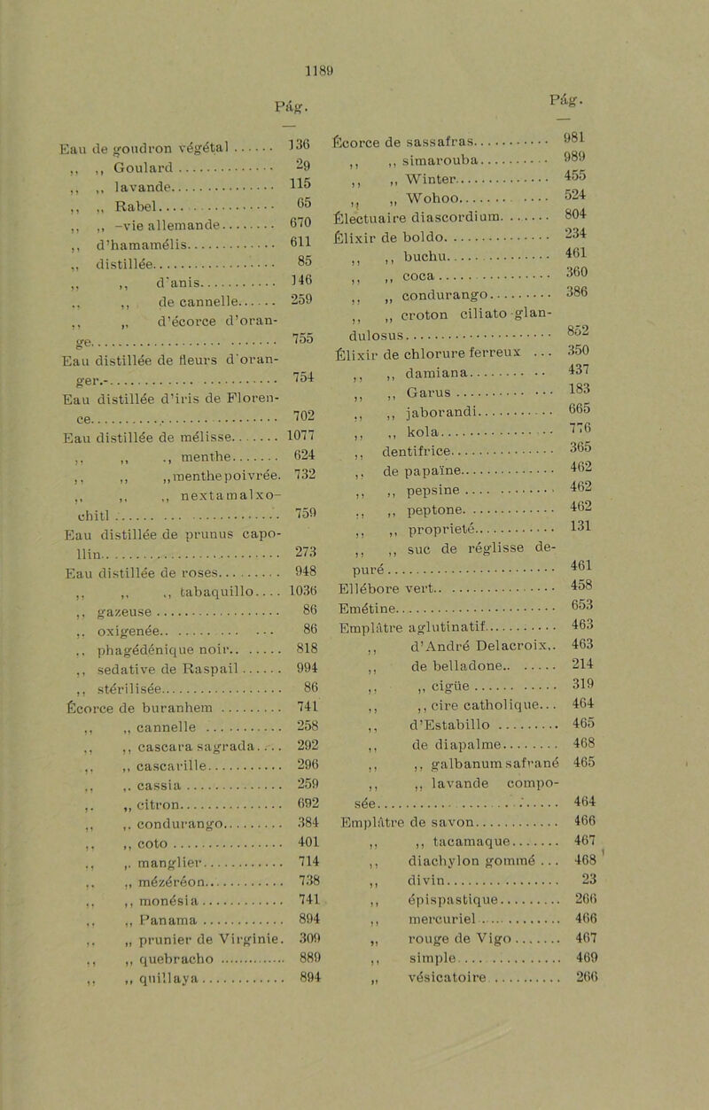 Páfí. Pág. Eau de gondron végfétal ,, Goulard 29 ,, ,, lavande ,, ,, Rabel.... ,, ,, -vie allemande 670 ,, d’hamamélis 611 ,, distillée 66 ,, ,, d'anis 146 . ,, de cannelle 259 , „ d’écorce d’oran- 165 Eau distillée de fleurs d'oran- Eau distillée d’iris de Floren- Eau distillée de mélisse 1077 ,, ., menthe 624 i.menthepoivrée. 732 «» ) 1 chitl . . ,, nextamalxo- 759 Eau distillée de prunus capo- llin 273 Eau distillée de roses 948 ,, ,, tabaquillo.... 10.30 ,, gazeuse 86 ,, oxigenée 86 .. phagfédénique noir 818 ,, sedative de Raspail 994 ,, stérilisée 86 Écorce de buranhein 741 ,, ,, cannelle 258 ., ,, cascara sagrada.... 292 ,, ,, cascarille 296 .. ,. cassia 259 Écorce de sassafras ,, ,, simarouba ,, „ Winter ,, » Wohoo Électuaire diascordium Élixir de boldo ,, ,, buchu ,, ,, coca ,, „ condurango ,, „ croton ciliato-glan- dulosus Élixir de chlorure ferreux ... ,, ,, damiana ,, ,, Garus ,, ,, jaborandi ,, „ kola ,, dentifrice ,, de papaíne ,, ,, pepsine ,, ,, peptone ,, ,, proprieté ,, ,, suc de réglisse de- puré Ellébore vert Emétine Emplátre aglutinatif ,, d’André Delacroix,. ,, de belladone ,, „ cigüe ,, ,, cire catholique... ,, d’Estabillo ,, de di apalme ,, ,, galbanumsafrané ,, ,, lavande coinpo- 981 989 455 524 804 234 461 360 386 852 350 437 183 665 776 365 462 462 462 131 461 458 653 463 463 214 319 464 465 468 465 citrón 692 sée... . 464 condurango 384 EmplAtre de savon . 466 coto 401 J í ,, tacamaque . 467 manglier 714 diachylon gommé .. . 468 mézéréon 738 í» divin . 23 monésia 741 »» épispastique . 266 Pan ama 894 f} mercuriel . 466 prunier de Virginie. 309 Jt rouge de Vigo . 467 quebracho 889 } t simple. . 469 quillaya 894 vésicatoire . 266