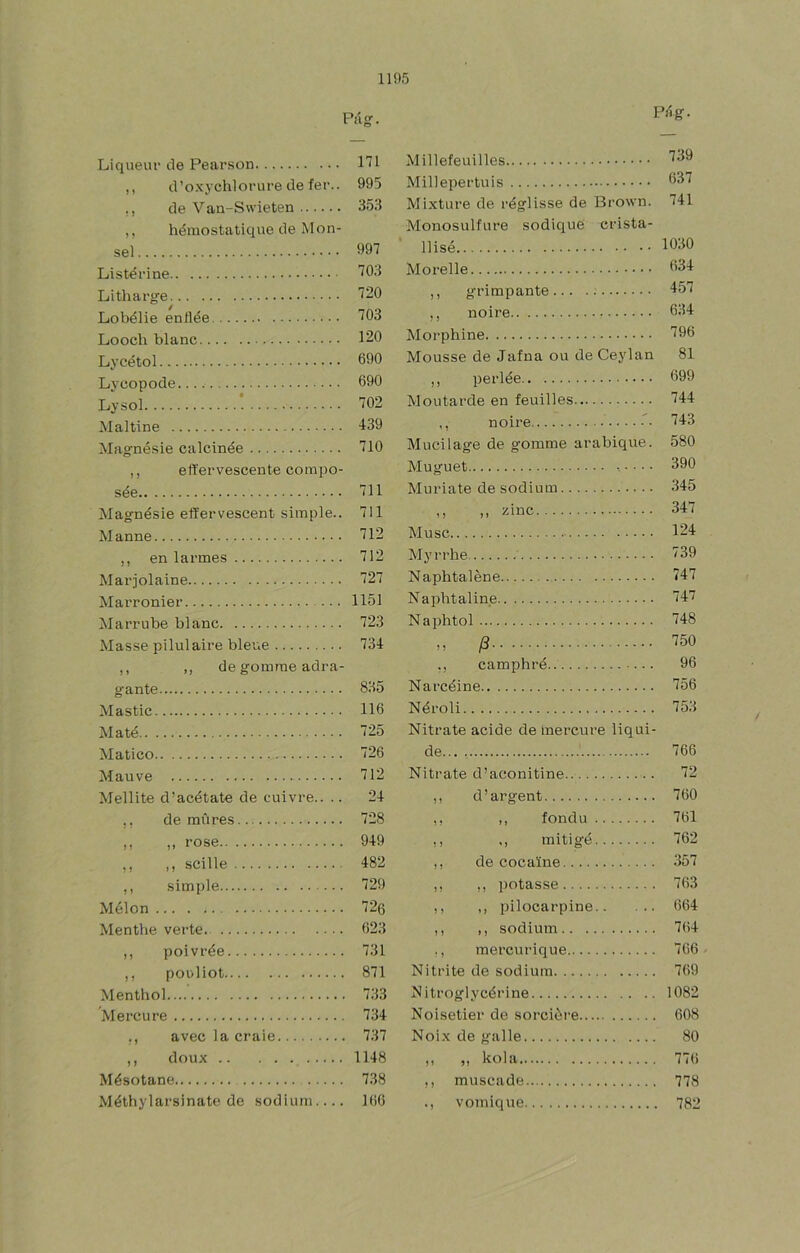 Pág. Liqueur de Pearson 171 ,, d’oxychlofure de íer.. 995 ,, de Van-Swieten 353 ,, hémostatique de Mon- sel 997 Listérine 703 Litharg'e 720 Lobélie enílée 703 Looch blanc 120 Lycétol 690 Lycopode 690 Lysol ! 702 Maltine -139 Mag’nésie calcinée 710 ,, eft'ervescente compo- sée 711 Magnésie eft'ervescent simple.. 711 Manne 712 ,, en larmes 712 Marjolaine 727 Marronier 1151 Marrube blanc 723 Masse pilulaire blene 734 ,, ,, de goinrae adra- gante 835 Mástic 116 Maté 725 Matico 726 Mauve 712 Mellite d’acétate de cuivre.. .. 24 ,, de mures 728 ,, ,, rose 949 ,, ,, scille 482 ,, simple 729 Melón 720 Menthe verte. 623 ,, poivrée 731 ,, poüliot 871 Menthol 733 Mercure 734 ., avec la craie 737 ,, doux 1148 Mésotane 738 Méthylarsinate de sodium 166 Pég- Millefeuilles Millepertuis 637 Mixture de réglisse de Brown. 741 Monosulfure sodique crista- llisé 1630 Morelle 634 ,, grimpante 457 ,, noire 634 Morphine 796 Mousse de Jaína ou de Ceylan 81 ,, perlée 699 Moutarde en feuilles 744 ,, noire 743 Mucilage de gomme arabique. 580 Muguet ..... 390 Muriate de sodium 345 n ,, zinc 347 Muse 124 Myrrhe 739 Naphtaléne 747 Napbtaline 747 Naphtol 748 M i8 750 ., camphré 96 Narcéine 756 Néroli 753 Nitrate acide de mercure liqui- de... , 766 Nitrate d’aconitine 72 ,, d’argent 760 ,, ,, fondu 761 ,, mitigé 762 ,, de cocaine 357 ,, ,, potasse 763 ,, ,, pilocarpine 664 ,, ,, sodium 764 ,, mercurique 766- Nitrite de sodium 769 Nitroglycérine 1082 Noisetier de sorciére 608 Noix de galle 80 ,, ,, kola 776 ,, muscade 778 ., vomique 782