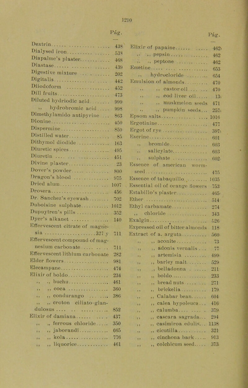 Pág. Dextrin Pialysed ¡ron 533 Diapalme's plaster 4fjg Diastas6 ^ ^ 43í) Pigestive mixture 202 Pigitalis 442 Diiodoform 452 Dill fruits 473 Diluted hydriodic acid 999 ,, hydrobromic aeid 998 Dimethylamido antipyrine 863 Dionine 45O Dispermine 859 Distilled water 85 Dithymol diodide 163 Diuretic spices 495 Diuretin 45I Divine plaster 23 Dover’s powder 800 Dragon’s blood 975 Dried alum 1007 Drosera 45O Dr. Sanchez’s eyewash 702 Duboisine sulphate 1012 Dupuytren’s pills 352 Dyer’s alkanet 140 Effervescent citrate of magne- sia 327 y 711 Efferve.scent compound of raag- nesium carbonate 711 Effervescent lithium carbonate 282 Eider flowers 981 Elecampane 474 Elixir of boldo 234 ,, buchu 461 ). ,, coca 360 ,, ,, condurango 386 ,, ,, croton ciliato-glan- dulosus 852 Elixir of damiana 437 ,, „ ferrous chloride 350 ,, ,, jaborandi 665 ,, ,, kola 776 ,, ,, liquorice 461 Elixir of papaine 462» pepsin 462 ,, peptone 462 Emetine 653 ,, hydrucloride 654 Emulsión of almonds 470 >. ,, castor oil 470 • 1 cod liver oil 13-, !■ !! rauskmelon seeds 471 ,, ,, pumpkin seeds... 257i Epsom salts 1016 Ergotinine 477 Ergot of rye 397-. Eserine 601 b rom i de 603 sal icy late 603 ,, sulpliate 602 Essence of american worm- seed 475 Essence of tabaquillo ^ 10.35 Essential oil of orange flowers 753 Estabillo’s plaster 465- Ether 514 Ethyl carbamate 274 ,, chloride 343 Exalgin 526 Expressed oil of bitter almonds 118 Extract of a. arguta 560 ,, ,, aconite 73 ,, ,, adonis vernalis ... 77 ,, ,, ai’temisia 499 ,, ,, barley malt 529 ,, ,, belladonna 211 ,, ,, boldo 233 ,, ,, bread nuts 271 ,, ,, brickelia 179 ,, ,, Calabar bean 604 ,, ,, calea hypoleuca... 416 ,, ,, calumba 379 ,, ,, cascara sagrada... 294 ,, ,, casimiroa ediilis.,. 1138 ,, cicutilla 321' ,, ,, cinchona bark 913 ,, ,, colchieum seed 373.