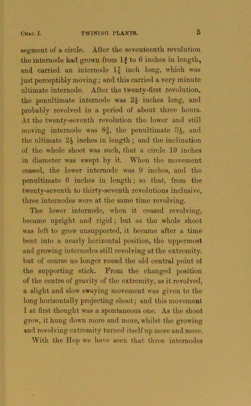 segment of a circle. After the seventeenth revolution the internode had grown from If to 6 inches in length, and carried an internode 1$ inch long, which was just perceptibly moving; and this carried a very minute ultimate internode. After the twenty-first revolution, the penultimate internode was 2h inches long, and probably revolved in a period of about three hours. At the twenty-seventh revolution the lower and still moving internode was 8|, the penultimate 3£, and the ultimate 2\ inches in length ; and the inclination of the whole shoot was such, that a circle 19 inches in diameter was swept by it. When the movement ceased, the lower internode was 9 inches, and the penultimate 6 inches in length; so that, from the twenty-seventh to thirty-seventh revolutions inclusive, three internodes were at the same time revolving. The lower internode, when it ceased revolving, became upright and rigid; but as the whole shoot was left to grow unsupported, it became after a time bent into a nearly horizontal position, the uppermost and growing internodes still revolving at the extremity, but of course no longer round the old central point ol the supporting stick. From the changed position of the centre of gravity of the extremity, as it revolved, a slight and slow swaying movement was given to the long horizontally projecting shoot; and this movement I at first thought was a spontaneous one. As the shoot grew, it hung down more and more, whilst the growing and revolving extremity turned itself up more and more. With the Hop we have seen that three internodes
