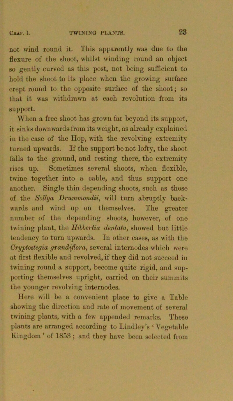 not wind round it. This apparently was due to the flexure of the shoot, whilst winding round an object so gently curved as this post, not being sufficient to hold the shoot to its place when the growing surface crept round to the opposite surface of the shoot; so that it was withdrawn at each revolution from its support. When a free shoot has grown far beyond its support, it sinks downwards from its weight, as already explained in the case of the Hop, with the revolving extremity turned upwards. If the support be not lofty, the shoot falls to the ground, and resting there, the extremity rises up. Sometimes several shoots, when flexible, twine together into a cable, and thus support one another. Single thin depending shoots, such as those of the Sottya Drummoridii, will turn abruptly back- wards and wind up on themselves. The greater number of the depending shoots, however, of one twining plant, the Hibbertia clentata, showed but little tendency to turn upwards. In other cases, as with the Cryptostegia grandijlora, several internodes which were at first flexible and revolved, if they did not succeed in twining round a support, become quite rigid, and sup- porting themselves upright, carried on their summits the younger revolving internodes. Here will be a convenient place to give a Table showing the direction and rate of movement of several twining plants, with a few appended remarks. These plants are arranged according to Lindley’s ‘ Vegetable Kingdom ’ of 1853 ; and they have been selected from