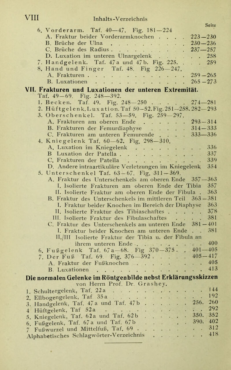 Seite 6. Vorderarm. Taf. 40—47. Fig. 181—224 A. Fraktur beider Vorderarmknochen .... 223—230 B. Brüche der Ulna . 230—236 C. Brüche des Radius 237—257 D. Luxation im unteren Ulnargelenk ...... 258 7. Handgelenk. Taf. 47a und 47b. Fig. 225. . . 259 8. Hand und Finger Taf. 48. Fig 226—247. A. Frakturen 259—265 B. Luxationen 265—273 VH. Frakturen und Luxationen der unteren Extremität. Taf. 49-69. Fig. 248—392. 1. Becken. Taf. 49. Fig. 248—250 274—281 2. Hüftgel enk.Lux ation. Taf 50—52.Fig.251—258.282—293 3. Oberschenkel. Taf. 53—59. Fig. 259—297. A. Frakturen am oberen Ende 293 — 314 B. Frakturen der Femurdiaphyse 314 — 333 C. Frakturen am unteren Femurende .... 333—336 4. Kniegelenk Taf. 60—62. Fig. 298—310. A. Luxation im Kniegelenk 336 B Luxation der Patella 337 C. Frakturen der Patella 339 D. Andere intraartikuläre Verletzungen im Kniegelenk 354 5. Unterschenkel Taf. 63 — 67. Fig. 311 — 369, A. Fraktur des Unterschenkels am oberen Ende 357—363 1. Isolierte Frakturen am oberen Ende der Tibia 357 II. Isolierte Fraktur am oberen Ende der Fibula . 363 B. Fraktur des Unterschenkels im mittleren Teil 363—381 I. Fraktur beider Knochen im Bereich derDiaphyse 363 II. Isolierte Fraktur des Tibiaschaftes 378 III. Isolierte Fraktur des Fibulaschaftes .... 381 C. Fraktur des Unterschenkels am unteren Ende 381—401 I. Fraktur beider Knochen am unteren Ende . . 381 II. /III Isolierte Fraktur der Tibia u. der Fibula an ihrem unteren Ende 400 6. Fußgelenk Taf. 67a—68. Fig 370—375. . 401—405 7. Der Fuß Taf. 69 Fig. 376—392 405-417 A. Fraktur der Fußknochen ..... ... 405 B. Luxationen 413 Die normalen Gelenke im Röntgenbilde nebst Erklärungsskizzen von Herrn Prof. Dr. Grashey. 1. Schultergelenk, Taf. 22 a 144 2. Ellbogengelenk, Taf 35 a • 192 3. Handgelenk, Taf. 47a und Taf. 47b 256. 260 4 Hüftgelenk, Taf 52 a ... 292 5. Kniegelenk, Taf. 62a und Taf. 62b ..... . 350. 352 6. Fußgelenk, Taf. 67 a und Taf. 67 b 390. 402 7 Fußwurzel und Mittelfuß, Taf. 69 • 31-. Alphabetisches Schlagwörter-Verzeichnis . . .... 418