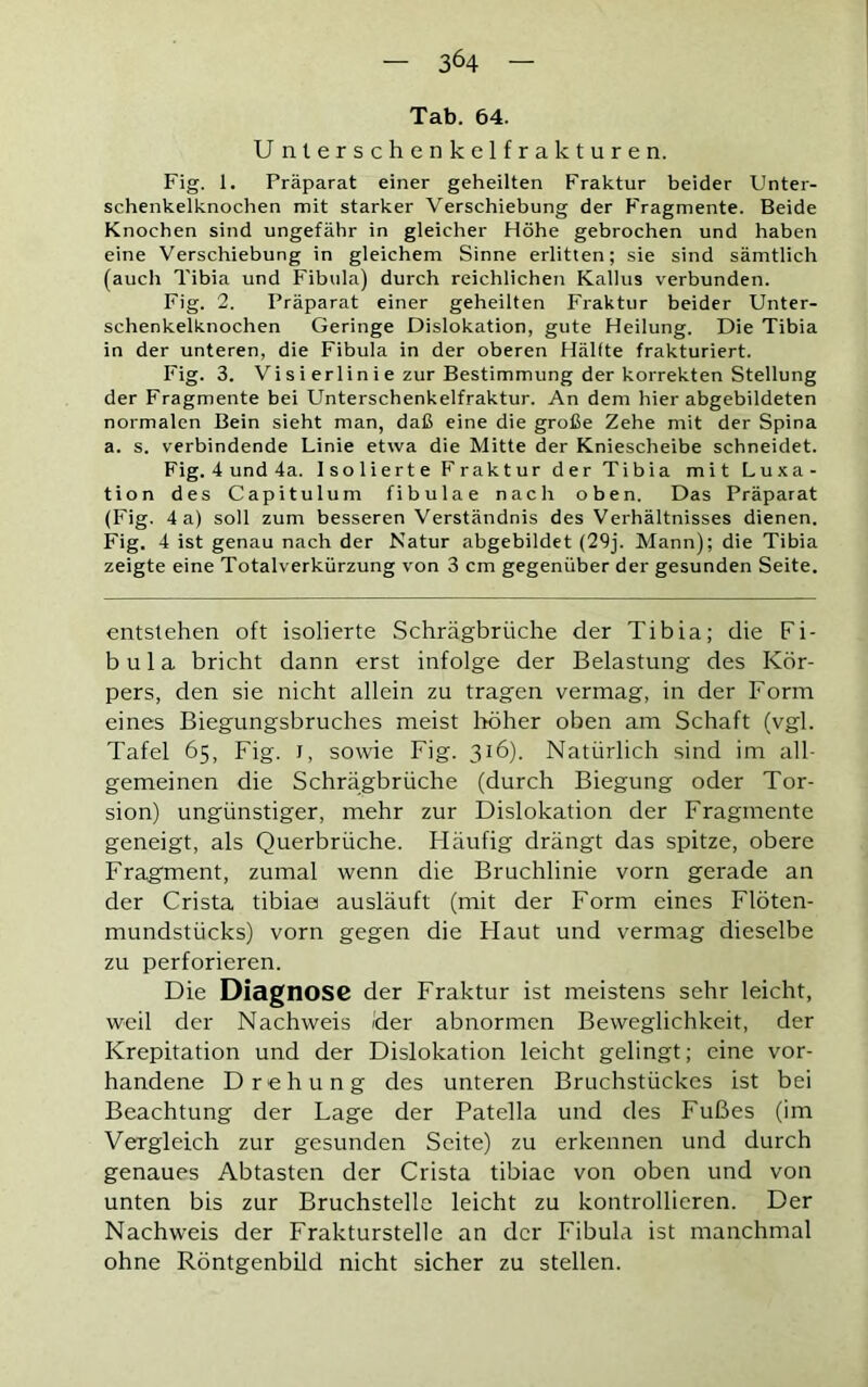 Tab. 64. U nterschenkelfrakturen. Fig. 1. Präparat einer geheilten Fraktur beider Unter- schenkelknochen mit starker Verschiebung der Fragmente. Beide Knochen sind ungefähr in gleicher Höhe gebrochen und haben eine Verschiebung in gleichem Sinne erlitten; sie sind sämtlich (auch Tibia und Fibula) durch reichlichen Kallus verbunden. Fig. 2. Präparat einer geheilten Fraktur beider Unter- schenkelknochen Geringe Dislokation, gute Heilung. Die Tibia in der unteren, die Fibula in der oberen Hälfte frakturiert. Fig. 3. Vi s i er li n i e zur Bestimmung der korrekten Stellung der Fragmente bei Unterschenkelfraktur. An dem hier abgebildeten normalen Bein sieht man, daß eine die große Zehe mit der Spina a. s. verbindende Linie etwa die Mitte der Kniescheibe schneidet. Fig. 4 und 4a. Isolierte Fraktur der Tibia mit Luxa- tion des Capitulum fibulae nach oben. Das Präparat (Fig. 4 a) soll zum besseren Verständnis des Verhältnisses dienen. Fig. 4 ist genau nach der Natur abgebildet (29j. Mann); die Tibia zeigte eine Totalverkürzung von 3 cm gegenüber der gesunden Seite. entstehen oft isolierte Schrägbrüche der Tibia; die Fi- bula bricht dann erst infolge der Belastung des Kör- pers, den sie nicht allein zu tragen vermag, in der Form eines Biegungsbruches meist höher oben am Schaft (vgl. Tafel 65, Fig. 1, sowie Fig. 316). Natürlich sind im all gemeinen die Schrägbrüche (durch Biegung oder Tor- sion) ungünstiger, mehr zur Dislokation der Fragmente geneigt, als Querbrüche. Häufig drängt das spitze, obere Fragment, zumal wenn die Bruchlinie vorn gerade an der Crista tibiae ausläuft (mit der Form eines Flöten- mundstücks) vorn gegen die Haut und vermag dieselbe zu perforieren. Die Diagnose der Fraktur ist meistens sehr leicht, weil der Nachweis der abnormen Beweglichkeit, der Krepitation und der Dislokation leicht gelingt; eine vor- handene Drehung des unteren Bruchstückes ist bei Beachtung der Lage der Patella und des Fußes (im Vergleich zur gesunden Seite) zu erkennen und durch genaues Abtasten der Crista tibiae von oben und von unten bis zur Bruchstelle leicht zu kontrollieren. Der Nachweis der Frakturstelle an der Fibula ist manchmal ohne Röntgenbild nicht sicher zu stellen.