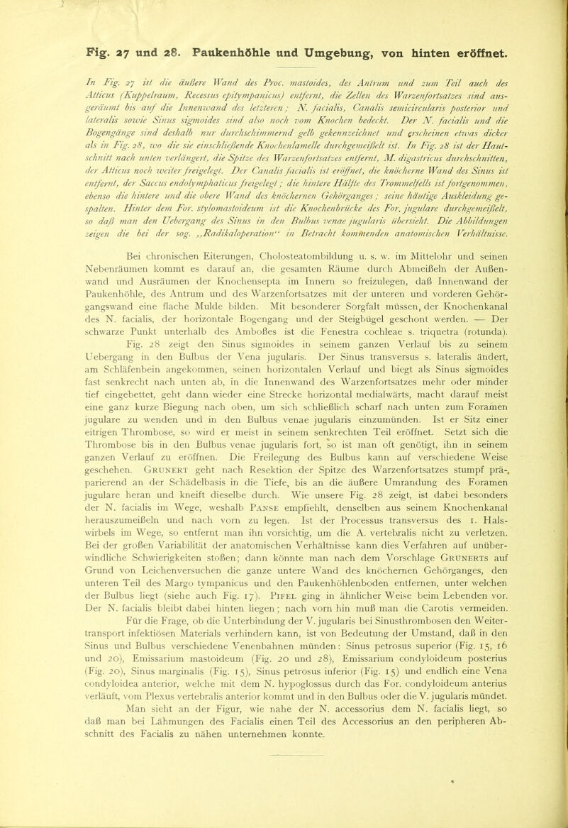 In Fig. 27 ist die äußere Wand des Proc. rnastoides, des Antrum und zum Teil auch des Atticus (Kuppelraum, Recessus epitympanicus) entfernt, die Zellen des Warzenfortsatzes sind aus- geräumt bis auf die Innenwand des letzteren; N. facialis, Canalis semicircularis posterior und lateralis sowie Sinus sigmoides sind also noch vom Knochen bedeckt. Der N. facialis und die Bogengänge sind deshalb nur durchschimmernd gelb gekennzeichnet und erscheinen etwas dicker als in Fig. 28, wo die sie einschließende Knochenlamelle durchgemeißelt ist. In Fig. 28 ist der Haut- schnitt nach unten verlängert, die Spitze des Warzenfortsatzes entfernt, M. digastricus durchschnitten, der Atticus noch weiter freigelegt. Der Canalis facialis ist eröffnet, die knöcherne Wand des Sinus ist entfernt, der Saccus endolymphaticus freigelegt; die hintere Hälfte des Trommelfells ist fortgenommen, ebenso die hintere und die obere Wand des knöchernen Gehörganges; seine häutige Auskleidung ge- spalten. Hinter dem For. stylomastoideum ist die Knochenbrücke des For.jugulare durchgemeißelt, so daß man den Uebergang des Sinus in den Bulbus venae jugularis übersieht. Die Abbildungen zeigen die bei der sog. ,,Radikaloperation“ in Betracht kommenden anatomischen Verhältnisse. Bei chronischen Eiterungen, Cholosteatombildung u. s. w. im Mittelohr und seinen Nebenräumen kommt es darauf an, die gesamten Räume durch Abmeißeln der Außen- wand und Ausräumen der Knochensepta im Innern so freizulegen, daß Innenwand der Paukenhöhle, des Antrum und des Warzenfortsatzes mit der unteren und vorderen Gehör- gangswand eine flache Mulde bilden. Mit besonderer Sorgfalt müssen, der Knochenkanal des N. facialis, der horizontale Bogengang und der Steigbügel geschont werden. — Der schwarze Punkt unterhalb des Amboßes ist die Fenestra cochleae s. triquetra (rotunda). Fig. 28 zeigt den Sinus sigmoides in seinem ganzen Verlauf bis zu seinem Uebergang in den Bulbus der Vena jugularis. Der Sinus transversus s. lateralis ändert, am Schläfenbein angekommen, seinen horizontalen Verlauf und biegt als Sinus sigmoides fast senkrecht nach unten ab, in die Innenwand des Warzenfortsatzes mehr oder minder tief eingebettet, geht dann wieder eine Strecke horizontal medialwärts, macht darauf meist eine ganz kurze Biegung nach oben, um sich schließlich scharf nach unten zum Foramen jugulare zu wenden und in den Bulbus venae jugularis einzumünden. Ist er Sitz einer eitrigen Thrombose, so wird er meist in seinem senkrechten Teil eröffnet. Setzt sich die Thrombose bis in den Bulbus venae jugularis fort, so ist man oft genötigt, ihn in seinem ganzen Verlauf zu eröffnen. Die Freilegung des Bulbus kann auf verschiedene Weise geschehen. Grunert geht nach Resektion der Spitze des Warzenfortsatzes stumpf prä-, parierend an der Schädelbasis in die Tiefe, bis an die äußere Umrandung des Foramen jugulare heran und kneift dieselbe durch. Wie unsere Fig. 28 zeigt, ist dabei besonders der N. facialis im Wege, weshalb Panse empfiehlt, denselben aus seinem Knochenkanal herauszumeißeln und nach vorn zu legen. Ist der Processus transversus des 1. Plals- wirbels im Wege, so entfernt man ihn vorsichtig, um die A. vertebxalis nicht zu verletzen. Bei der großen Variabilität der anatomischen Verhältnisse kann dies Verfahren auf unüber- windliche Schwierigkeiten stoßen; dann könnte man nach dem Vorschläge Grunerts auf Grund von Leichenversuchen die ganze untere Wand des knöchernen Gehörganges, den unteren Teil des Margo tympanicus und den Paukenhöhlenboden entfernen, unter welchen der Bulbus liegt (siehe auch Fig. 17). Pifel ging in ähnlicherWeise beim Lebenden vor. Der N. facialis bleibt dabei hinten liegen; nach vorn hin muß man die Carotis vermeiden. Für die Frage, ob die Unterbindung der V. jugularis bei Sinusthrombosen den Weiter- transport infektiösen Materials verhindern kann, ist von Bedeutung der Umstand, daß in den Sinus und Bulbus verschiedene Venenbahnen münden: Sinus petrosus superior (Fig. 15, 16 und 20), Emissarium mastoideum (Fig. 20 und 28), Emissarium condyloideum posterius (Fig. 20), Sinus marginalis (Fig. 15), Sinus petrosus inferior (Fig. 15) und endlich eine Vena condyloidea anterior, welche mit dem N. hypoglossus durch das For. condyloideum anterius verläuft, vom Plexus vertebralis anterior kommt und in den Bulbus oder die V. jugularis mündet. Man sieht an der Figur, wie nahe der N. accessorius dem N. facialis liegt, so daß man bei Lähmungen des Facialis einen Teil des Accessorius an den peripheren Ab- schnitt des Facialis zu nähen unternehmen konnte.