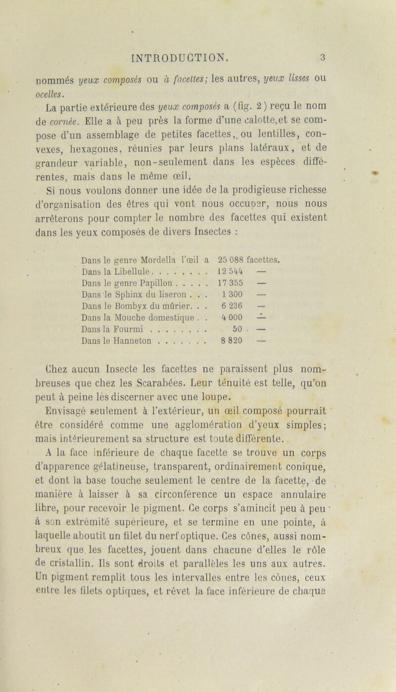 nommés yeux composés ou à facettes; les autres, yeux lisses ou ocelles. La partie extérieure des yeux composés a (fig. 2) reçu le nom de cornée. Elle a à peu près la forme d’une calotte,et se com- pose d’un assemblage de petites facettes,, ou lentilles, con- vexes, hexagones, réunies par leurs plans latéraux, et de grandeur variable, non-seulement dans les espèces diffé- rentes, mais dans le même œil. Si nous voulons donner une idée de la prodigieuse richesse d’organisation des êtres qui vont nous occuoer, nous nous arrêterons pour compter le nombre des facettes qui existent dans les yeux composés de divers Insectes : Chez aucun Insecte les facettes ne paraissent plus nom- breuses que chez les Scarabées. Leur ténuité est telle, qu’on peut à peine lés discerner avec une loupe. Envisagé seulement à l’extérieur, un œil composé pourrait être considéré comme une agglomération d’yeux simples; mais intérieurement sa structure est toute différente. A la face inférieure de chaque facette se trouve un corps d’apparence gélatineuse, transparent, ordinairement conique, et dont la base touche seulement le centre de la facette, de manière à laisser à sa circonférence un espace annulaire libre, pour recevoir le pigment. Ce corps s’amincit peu à peu à son extrémité supérieure, et se termine en une pointe, à laquelle aboutit un filet du nerf optique. Ces cônes, aussi nom- breux que les facettes, jouent dans chacune d’elles le rôle de cristallin. Ils sont droits et parallèles les uns aux autres. Un pigment remplit tous les intervalles entre les cônes, ceux entre les filets optiques, et rêvet la face inférieure de chaque Dans le genre Mordella l’œil a Dans la Libellule Dans le genre Papillon Dans le Sphinx du liseron . . . Dans le Bombyx du mûrier. . . Dans la Mouche domestique . . Dans la Fourmi Dans le Hanneton 25 088 facettes. 12 544 — 17 355 — 1 300 — 6 236 — 4 000 — 50 . — 8 820 —
