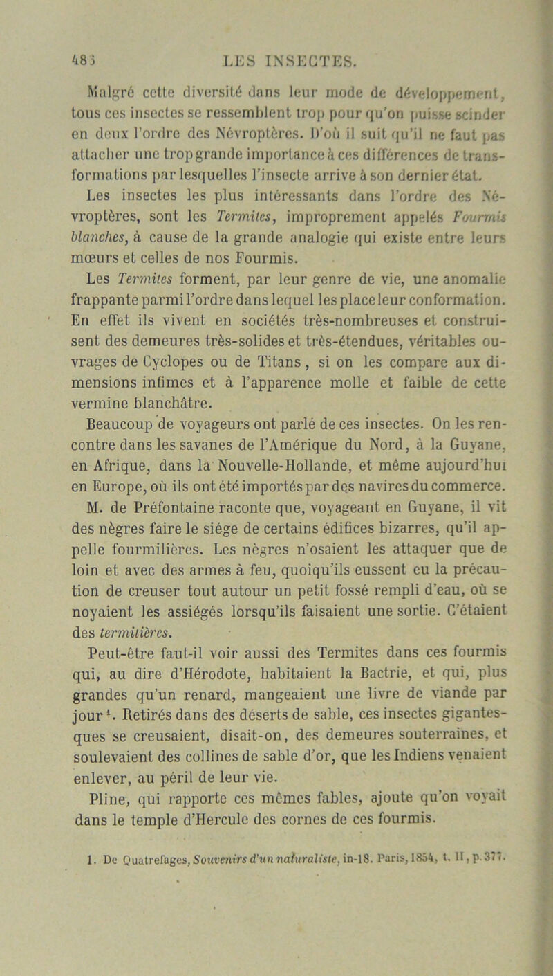 Malgré cette diversité dans leur mode de développement, tous ces insectes se ressemblent trop pour qu’on puisse scinder en deux l’ordre des Névroptères. D’où il suit qu’il ne faut pas attacher une trop grande importance à ces différences de trans- formations par lesquelles l’insecte arrive à son dernier état. Les insectes les plus intéressants dans l’ordre des Né- vroptères, sont les Termites, improprement appelés Fourmis blanches, à cause de la grande analogie qui existe entre leurs mœurs et celles de nos Fourmis. Les Termites forment, par leur genre de vie, une anomalie frappante parmi l’ordre dans lequel les place leur conformation. En effet ils vivent en sociétés très-nombreuses et construi- sent des demeures très-solides et très-étendues, véritables ou- vrages de Cyclopes ou de Titans, si on les compare aux di- mensions intimes et à l’apparence molle et faible de cette vermine blanchâtre. Beaucoup de voyageurs ont parlé de ces insectes. On les ren- contre dans les savanes de l’Amérique du Nord, à la Guyane, en Afrique, dans la Nouvelle-Hollande, et même aujourd’hui en Europe, où ils ont été importés par des navires du commerce. M. de Préfontaine raconte que, voyageant en Guyane, il vit des nègres faire le siège de certains édifices bizarres, qu’il ap- pelle fourmilières. Les nègres n’osaient les attaquer que de loin et avec des armes à feu, quoiqu’ils eussent eu la précau- tion de creuser tout autour un petit fossé rempli d’eau, où se noyaient les assiégés lorsqu’ils faisaient une sortie. C’étaient des termitières. Peut-être faut-il voir aussi des Termites dans ces fourmis qui, au dire d’Hérodote, habitaient la Bactrie, et qui, plus grandes qu’un renard, mangeaient une livre de viande par jour1. Retirés dans des déserts de sable, ces insectes gigantes- ques se creusaient, disait-on, des demeures souterraines, et soulevaient des collines de sable d’or, que les Indiens venaient enlever, au péril de leur vie. Pline, qui rapporte ces mêmes fables, ajoute qu’on voyait dans le temple d’Hercule des cornes de ces fourmis. 1. De Quatrefages, Souvenirs d'un naturaliste, in-18. Paris,1854, t. II, p. 377.