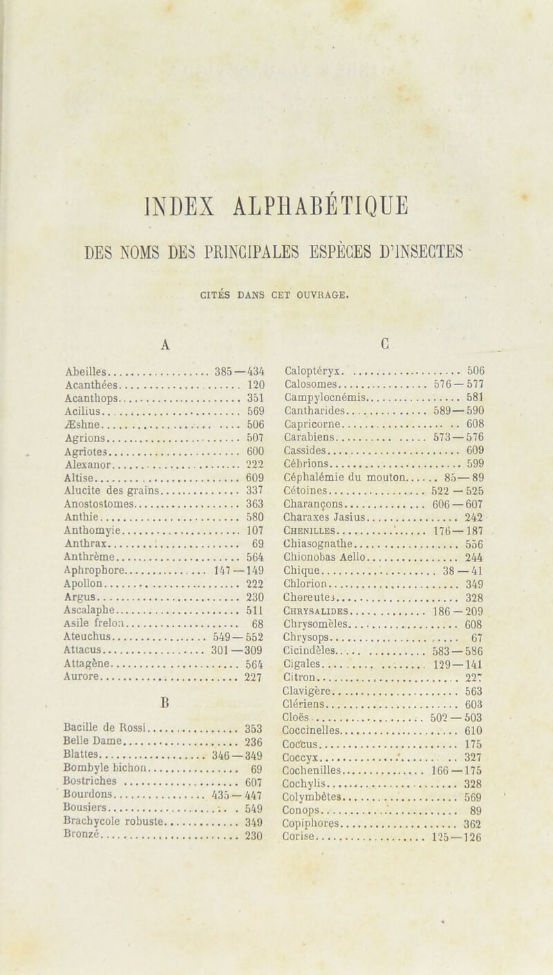 INDEX ALPHABÉTIQUE DES NOMS DES PRINCIPALES ESPÈCES D’INSECTES CITÉS DANS CET OUVRAGE. A C Abeilles 385—434 Acanthées 120 Acanthops Acilius 569 Æshne Agrions Agriotes 600 Alexanor Altise Alucite des grains Anostostomes 363 Anthie 580 Anthomyie Anthrax 69 Anthrème Aphrophore ... 147—149 Apollon Argus Ascalaphe 511 Asile frelon 68 Ateuchus Attacus Attagène Aurore 227 1} Bacille de Rossi Belle Dame Blattes Bombyle bichon Bostriches Bourdons ... 435-447 Bousiers Brachycole robuste Bronzé Caloptéryx 506 Calosomes 576 — 577 Campylocnémis 581 Cantharides 589—590 Capricorne 608 Carabiens 573 — 576 Cassides 609 Cébrions 599 Céphalémie du mouton 85—89 Cétoines 522 —525 Charançons 606 — 607 Charaxes Jasius 242 Chenilles 176—187 Chiasognatlie 556 Chionobas Aello 244 Chique 38 — 41 Chlorion 349 Choreutes 328 Chrysalides 186 — 209 Chrysomèles 608 Chrysops 67 Cicindèles 583 — 586 Cigales 129—141 Citron 227 Clavigère 563 Clériens 603 Cloës 502 — 503 Coccinelles 610 Coc'cus 175 Coccyx 327 Cochenilles 166 —175 Cochylis 328 Colymbètes 569 Conops ' 89 Copiphores 362 Corise 125 — 126